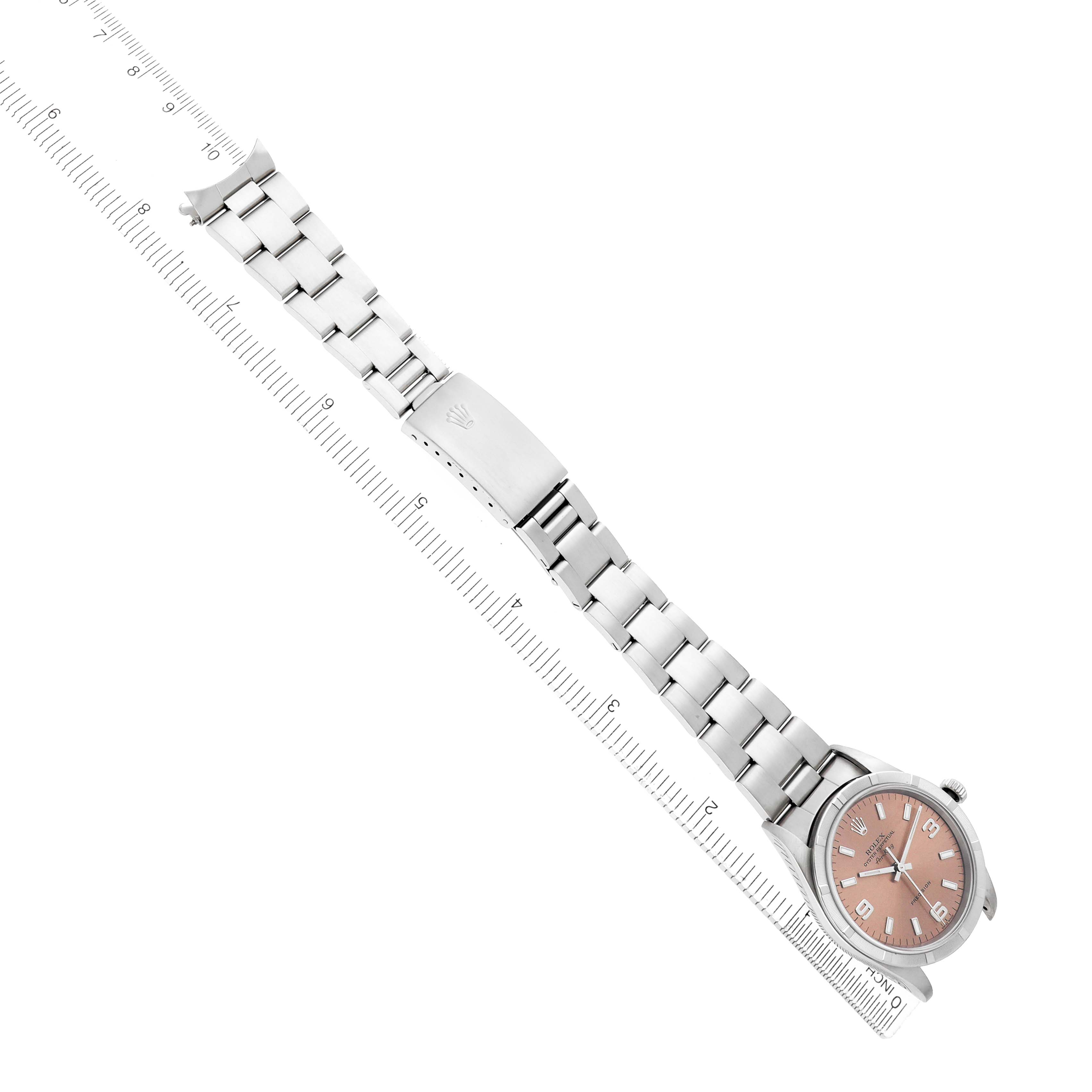 The Rolex Air-King 14010 Men
s Stainless Steel Pink Dial watch is shown at an angled top view, displaying the full bracelet and clasp along with the watch face.