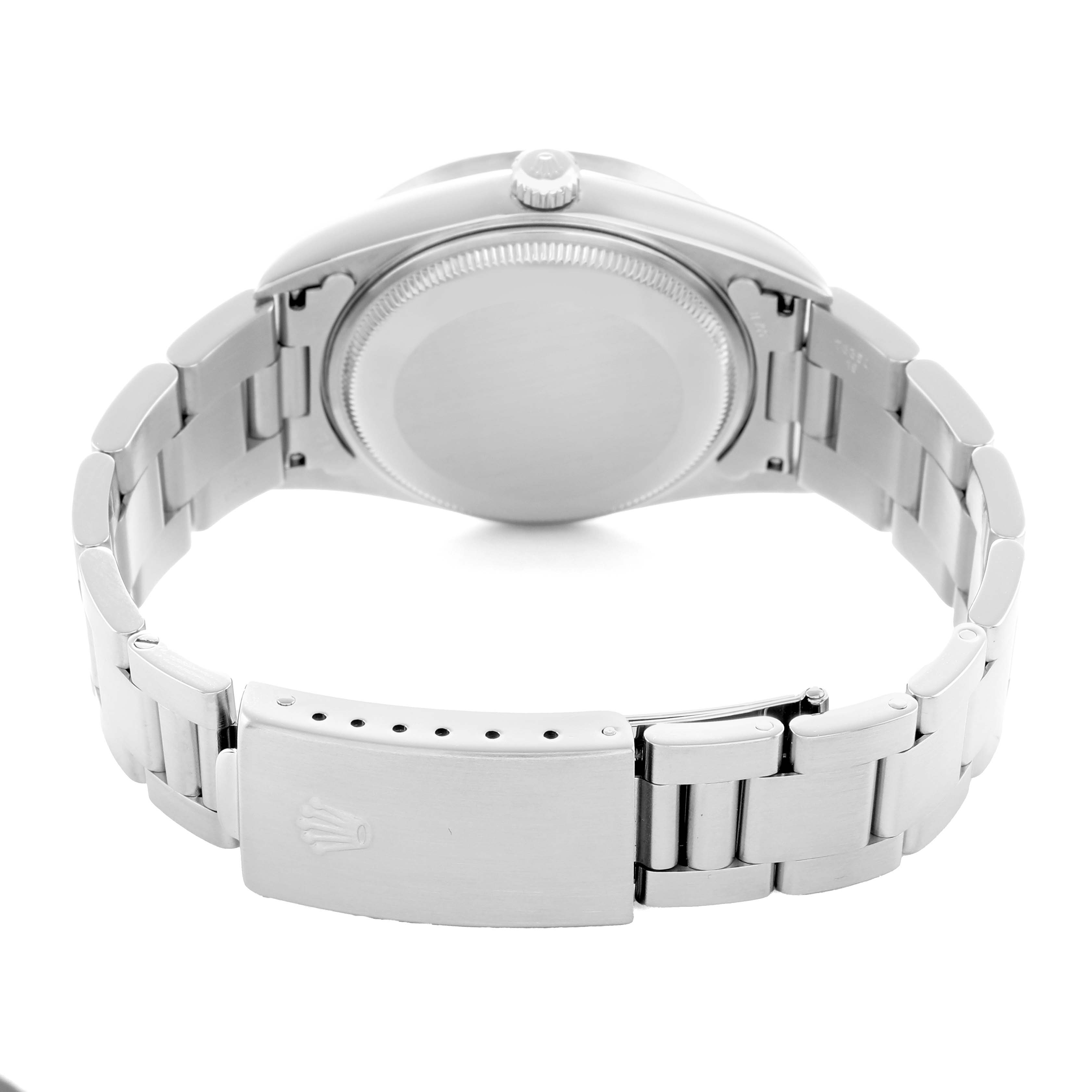 The image shows a rear angle of the Rolex Air-King 14010 Men
s Stainless Steel Pink Dial watch, highlighting the clasp, bracelet, and case back.