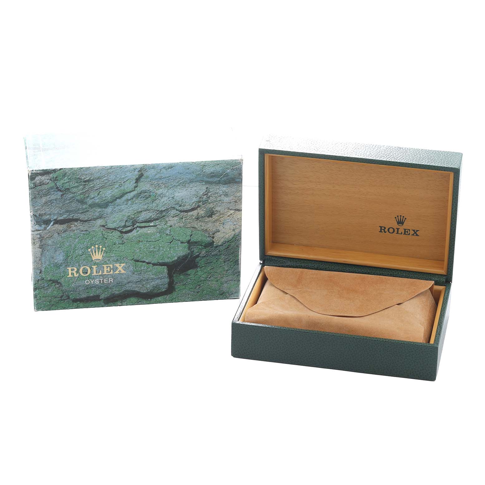 The image shows a Rolex Air-King 14010 Men
s Stainless Steel Pink Dial watch box partially open, revealing a leather case inside, with another outer box nearby.