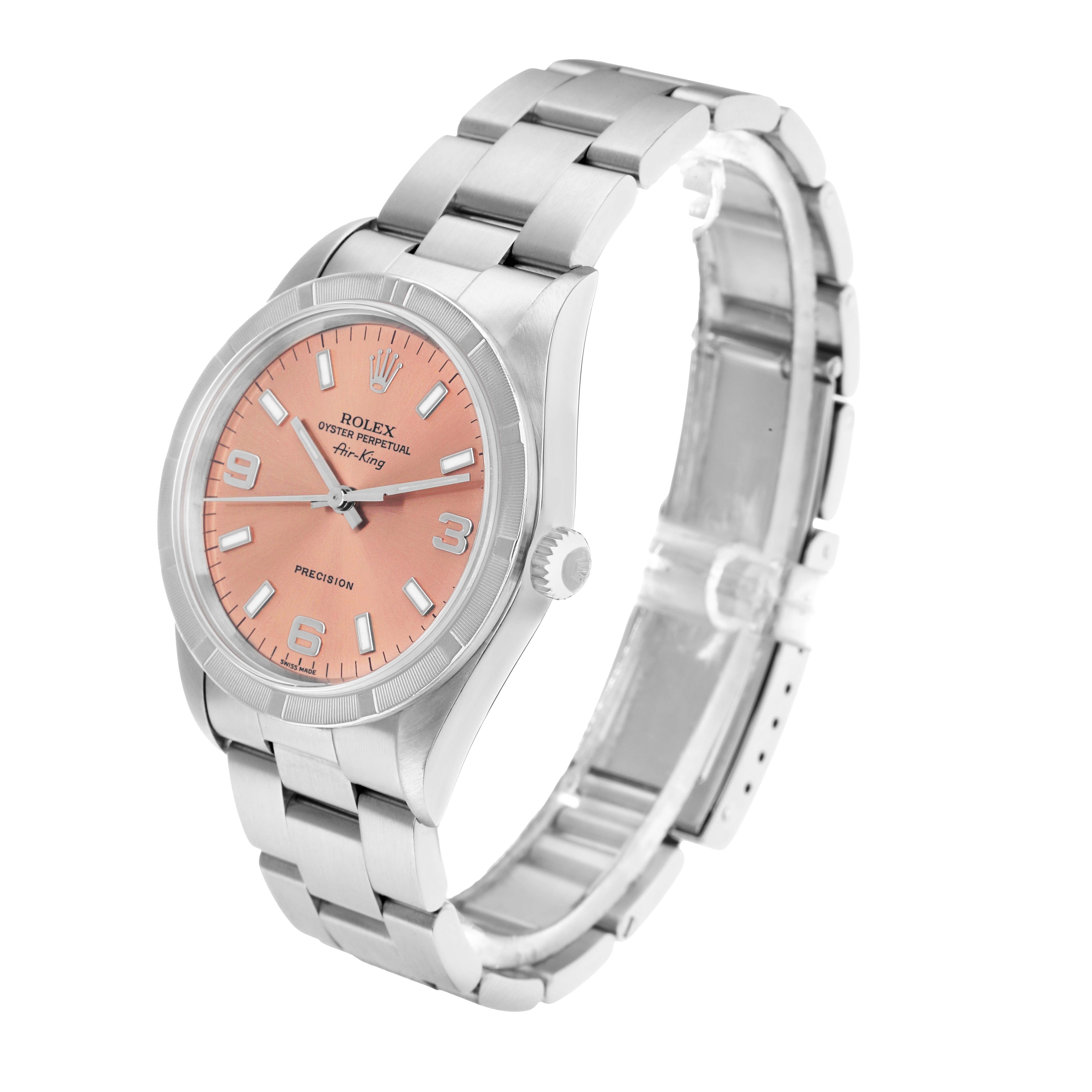 The image shows the Rolex Air-King 14010 Men
s Stainless Steel Pink Dial watch at a three-quarter angle, highlighting the pink dial, bezel, crown, and stainless steel bracelet.