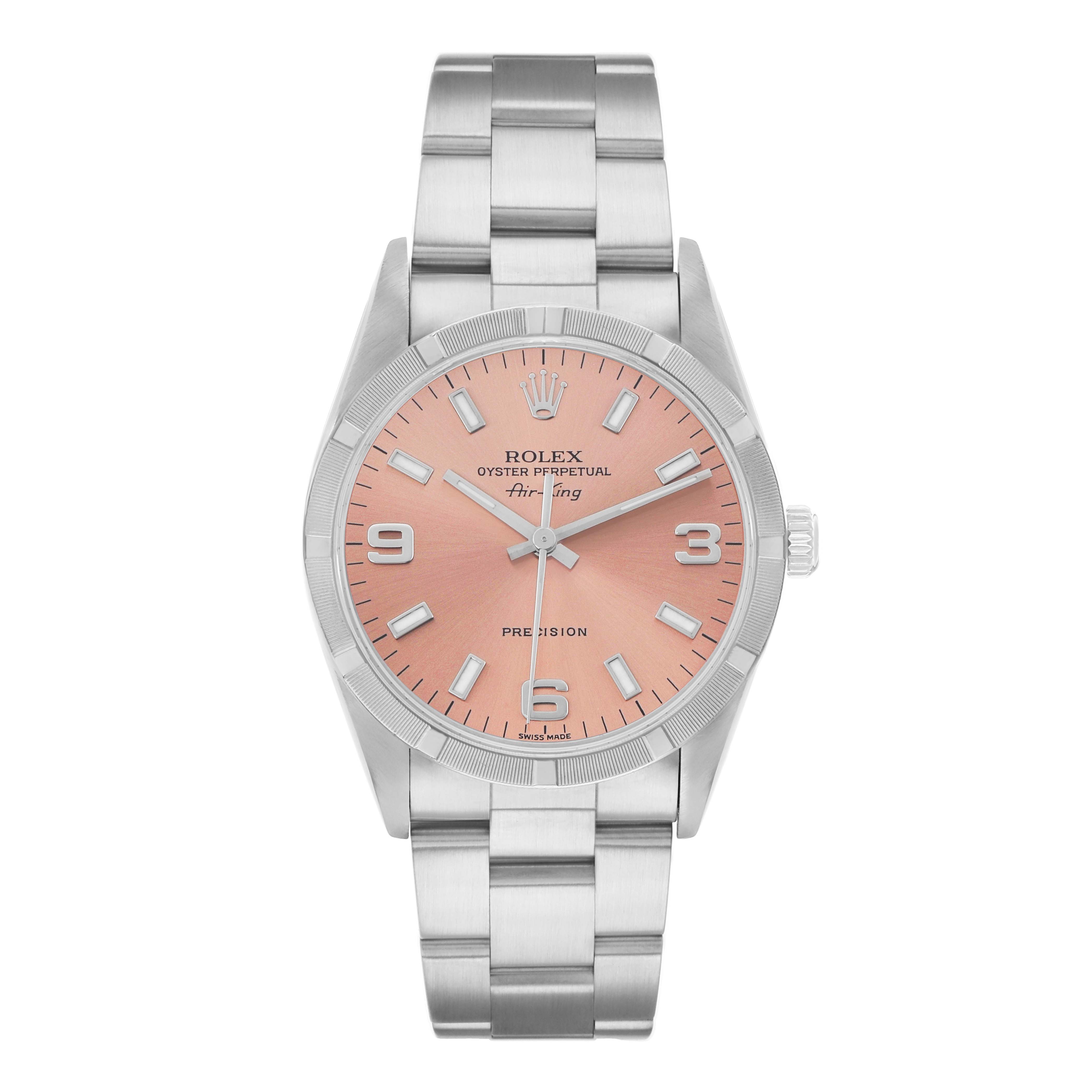 The Rolex Air-King 14010 Men
s Stainless Steel Pink Dial watch is shown from a front angle, displaying the full face and bracelet.