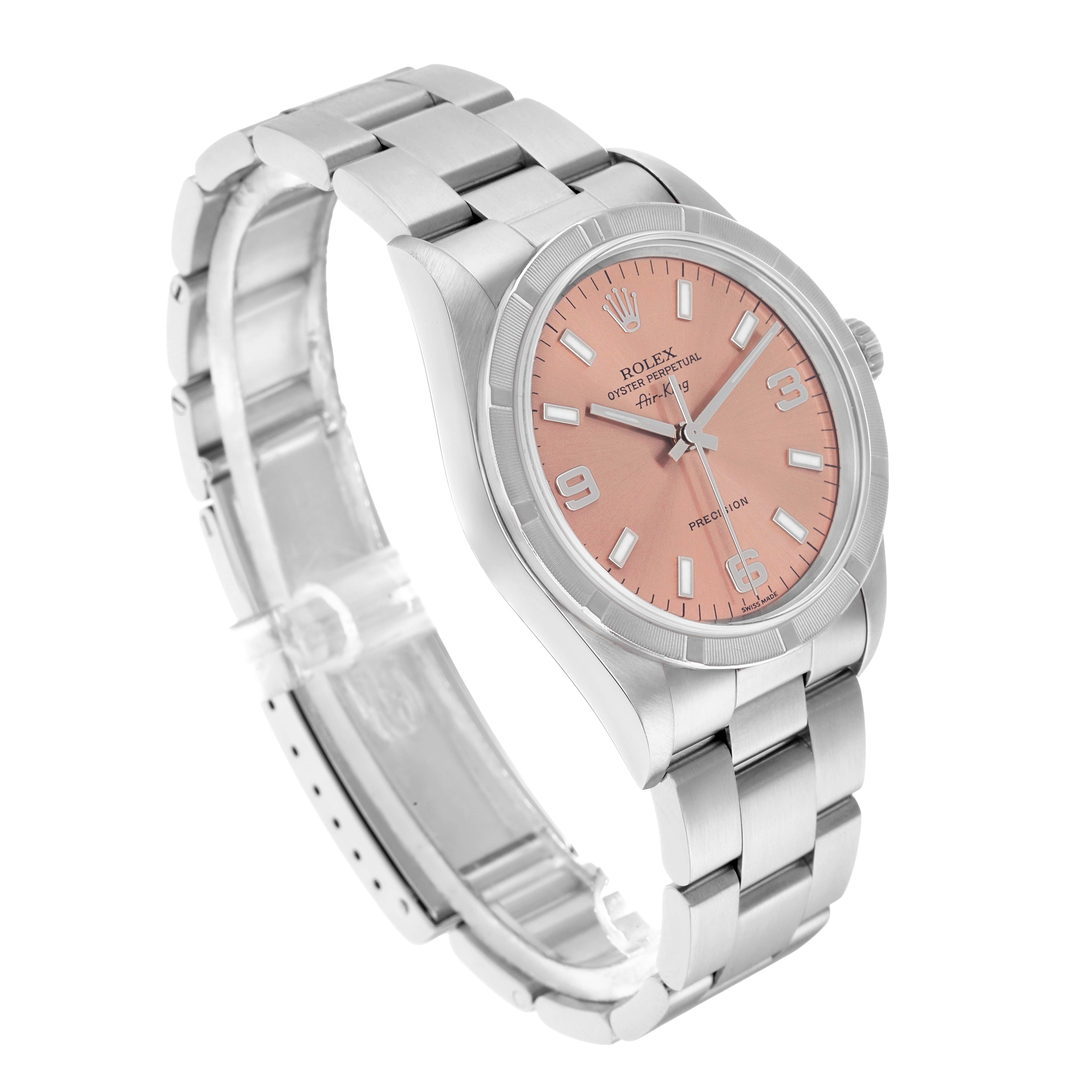 The Rolex Air-King 14010 Men
s Stainless Steel Pink Dial watch is shown at a slight angle, displaying its pink dial, hour markers, hands, and bracelet.