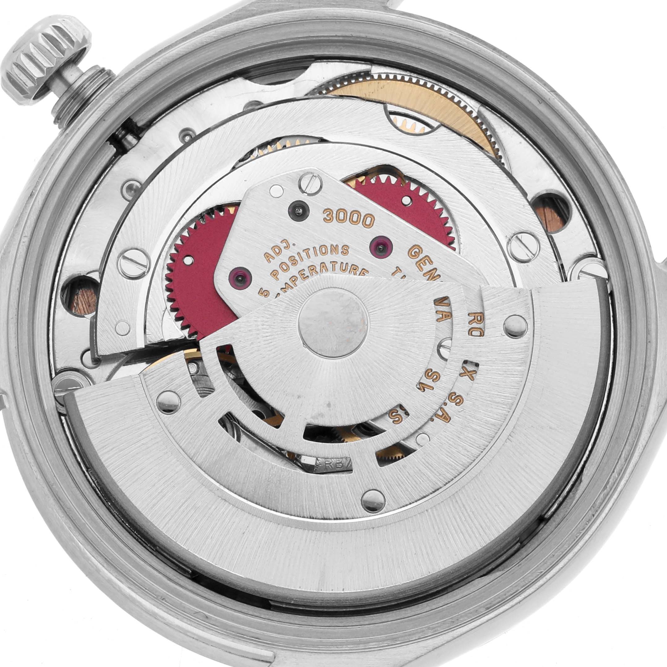 The image shows an overhead view of the Rolex Air-King 14010 Men
s Stainless Steel Pink Dial
s internal movement mechanics.