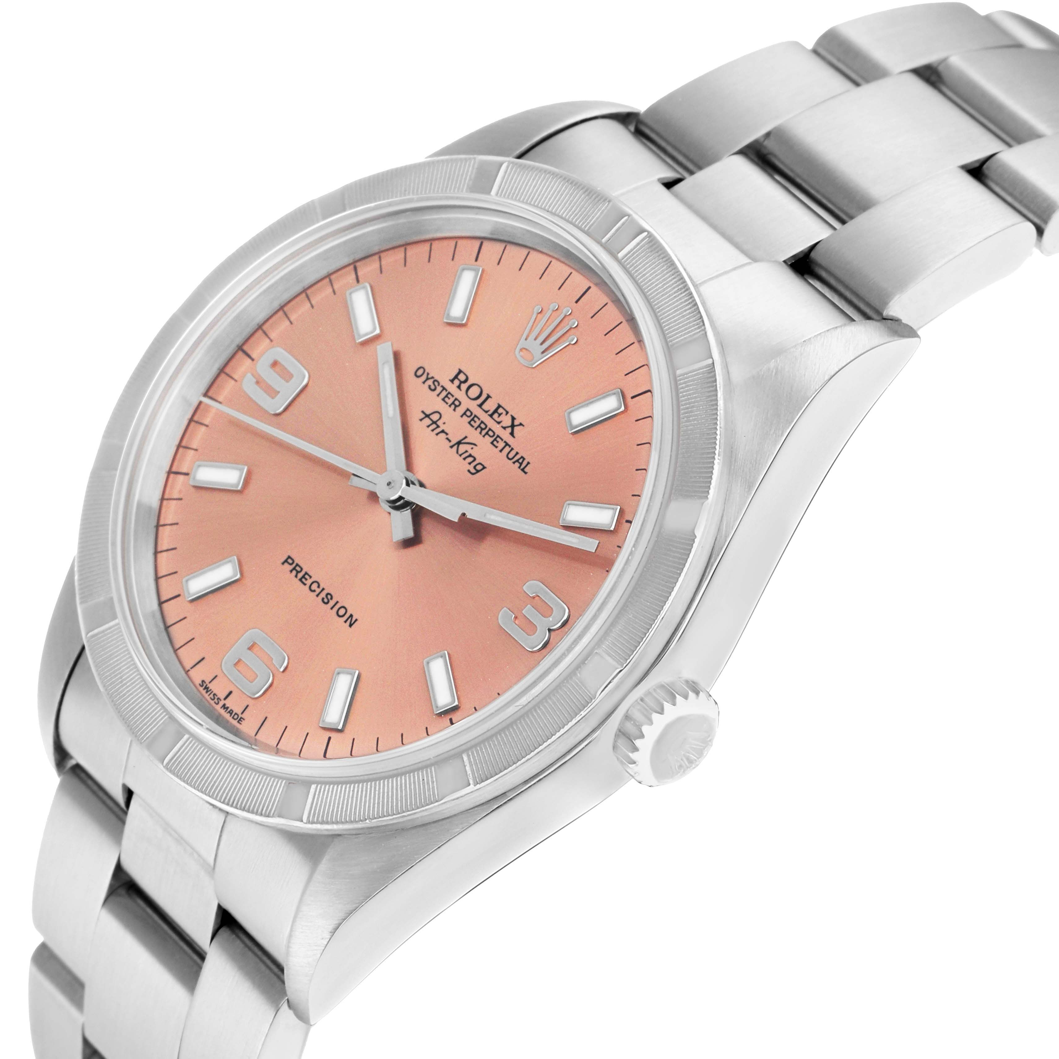 The Rolex Air-King 14010 Men
s Stainless Steel Pink Dial watch is shown at an angle, highlighting the dial, bezel, and part of the bracelet.