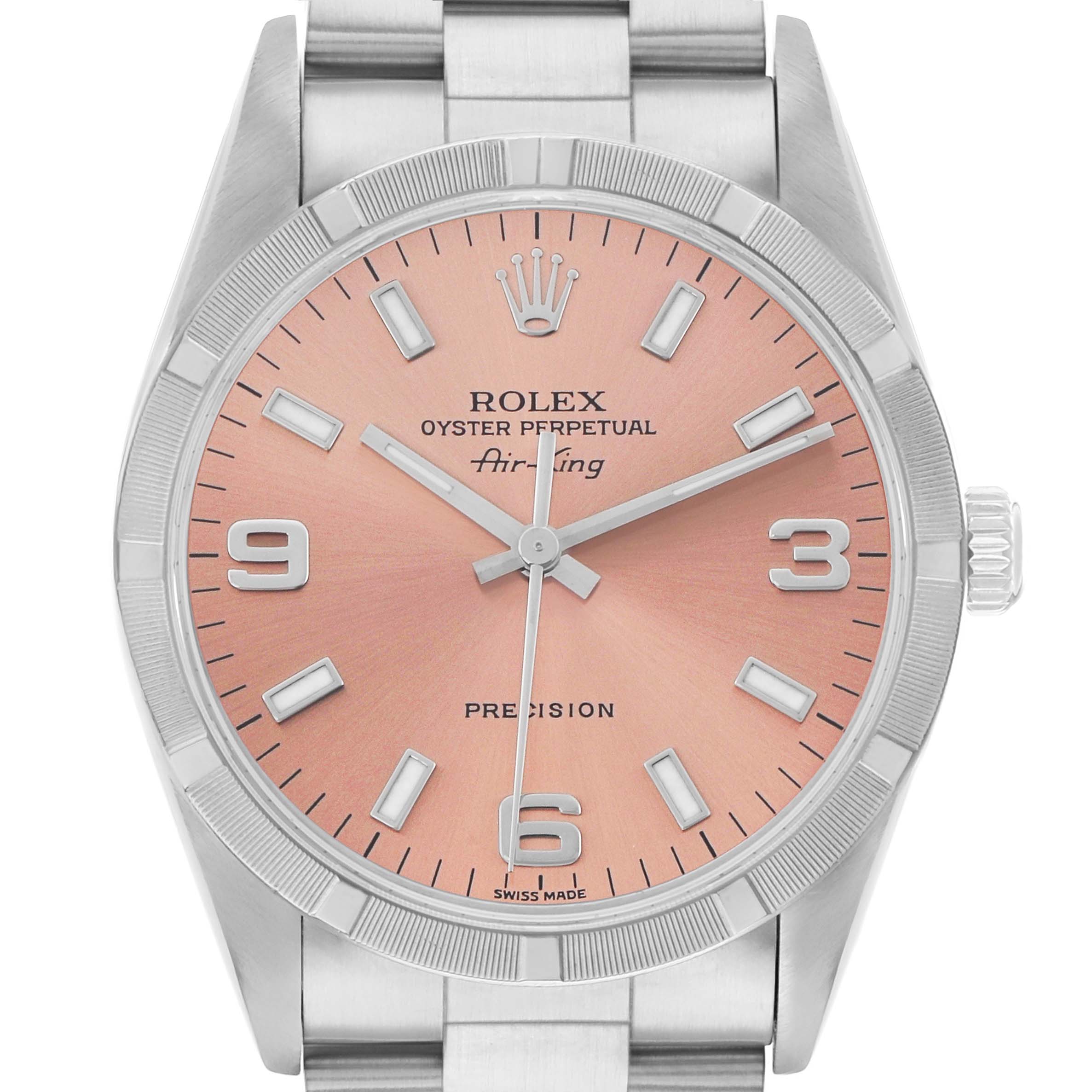 The Rolex Air-King 14010 Men
s Stainless Steel Pink Dial watch is shown from the front, displaying its pink dial, hands, indices, and bracelet.
