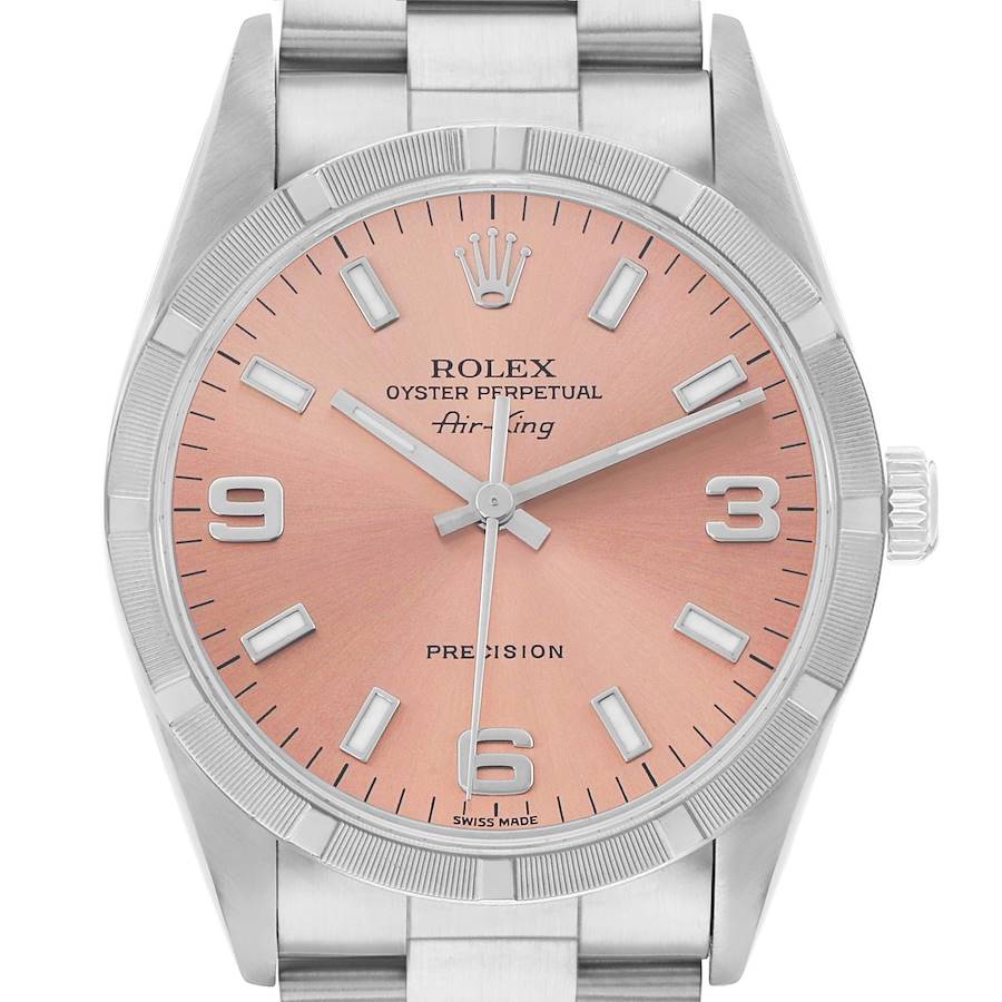 The Rolex Air-King 14010 Men's Stainless Steel Pink Dial watch is shown from the front, displaying its pink dial, hands, indices, and bracelet.