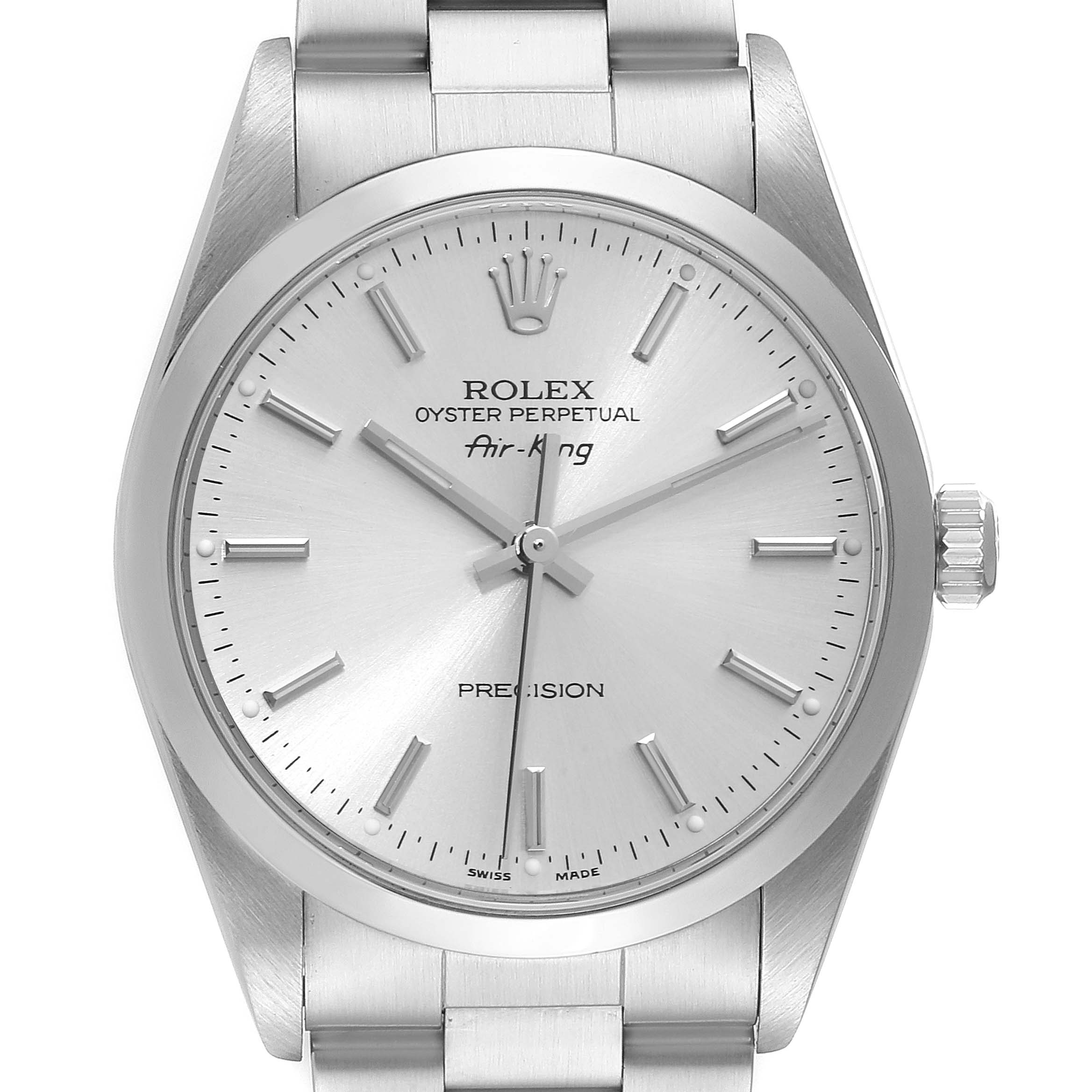 The image shows a front view of a Rolex Air-King 14000 Men's Stainless Steel Silver Dial 14000 Men's Stainless Steel Silver Dial watch featuring its dial, hands, crown, and bracelet.