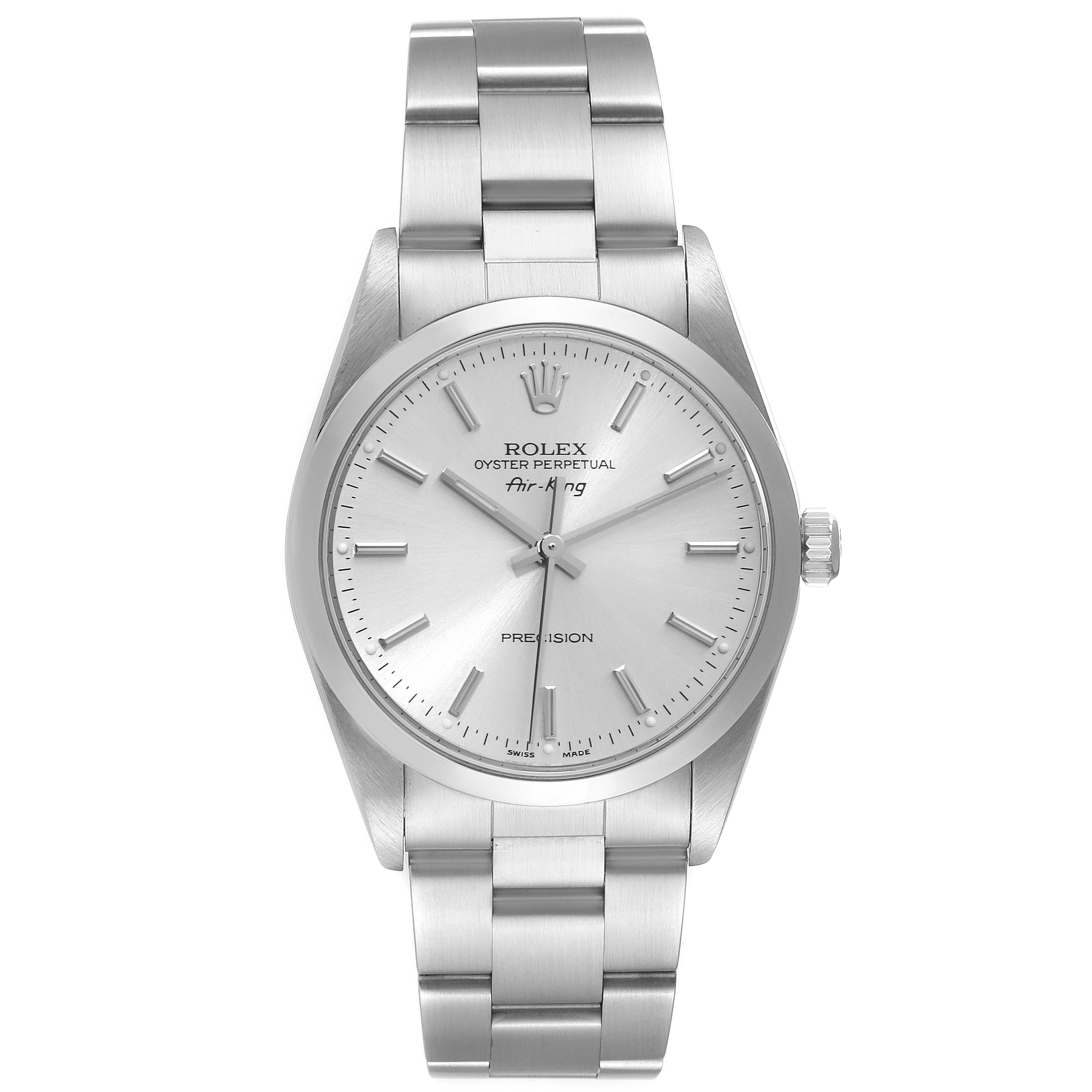 This image shows a frontal view of a Rolex Air-King 14000 Men's Stainless Steel Silver Dial 14000 Men's Stainless Steel Silver Dial watch, featuring its face, bezel, crown, and bracelet.
