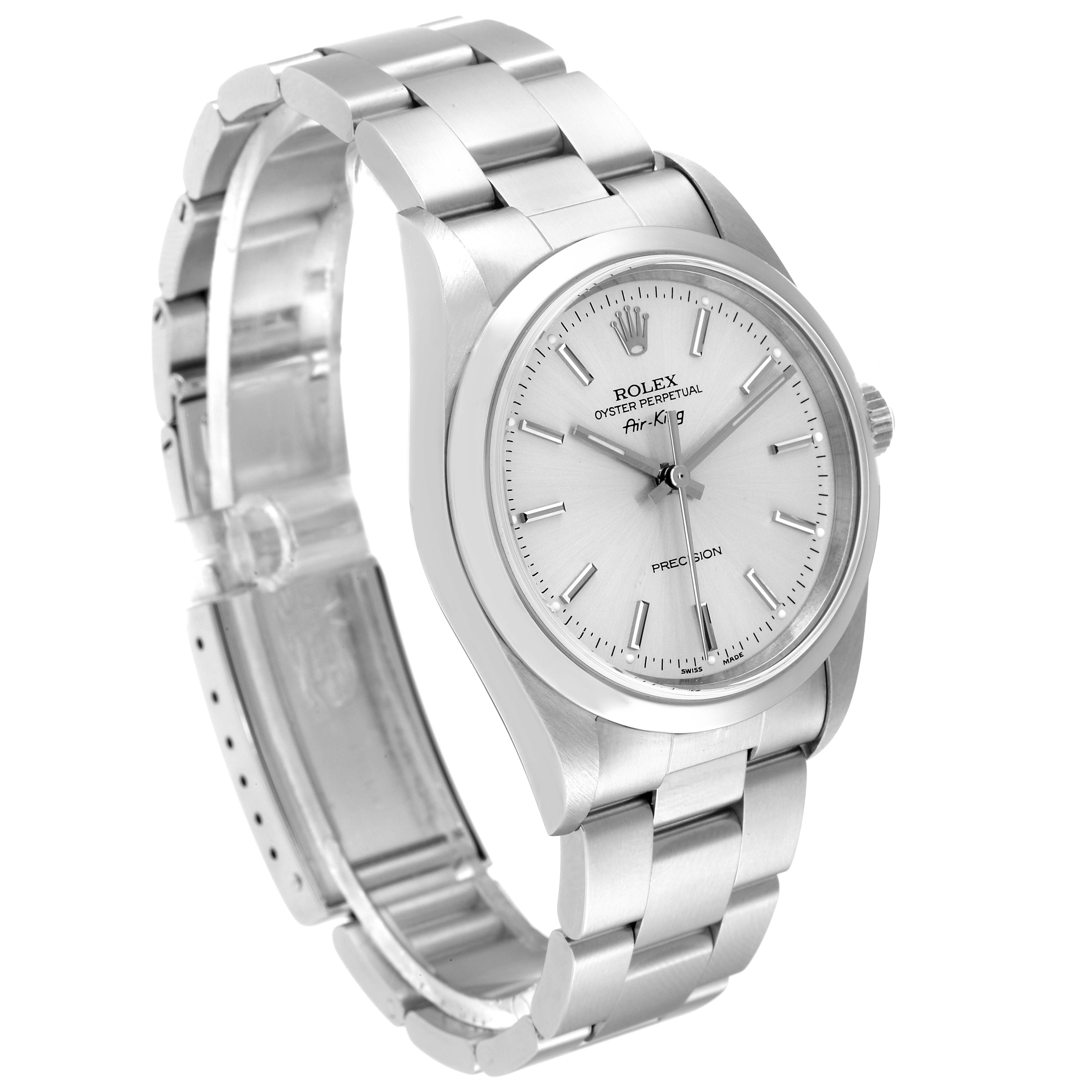 The Rolex Air-King 14000 Men's Stainless Steel Silver Dial 14000 Men's Stainless Steel Silver Dial watch is shown at a three-quarter angle, displaying its face, bezel, crown, and bracelet.