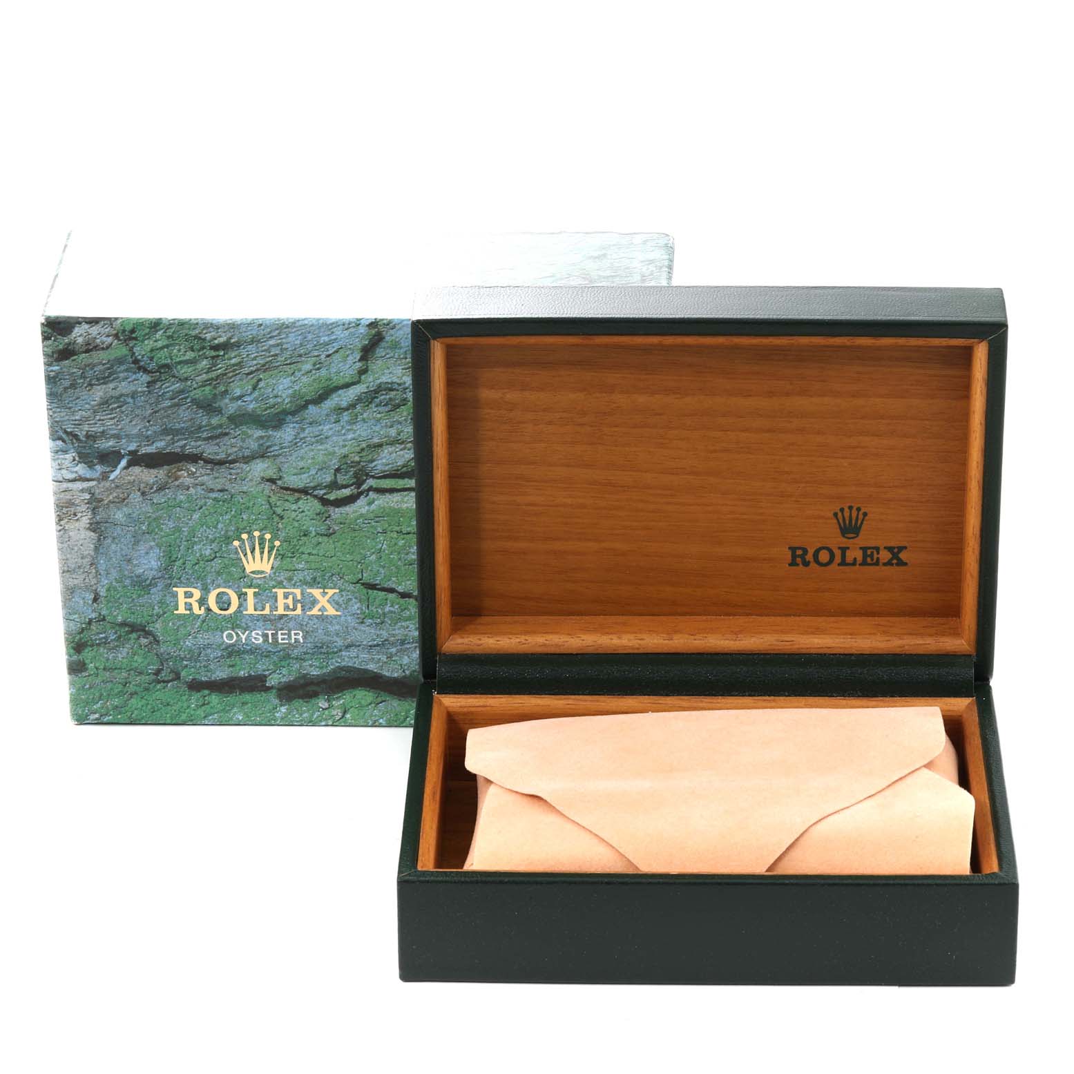 The image shows an open Rolex box for the Air-King model, with an outer green box and inner wooden box.