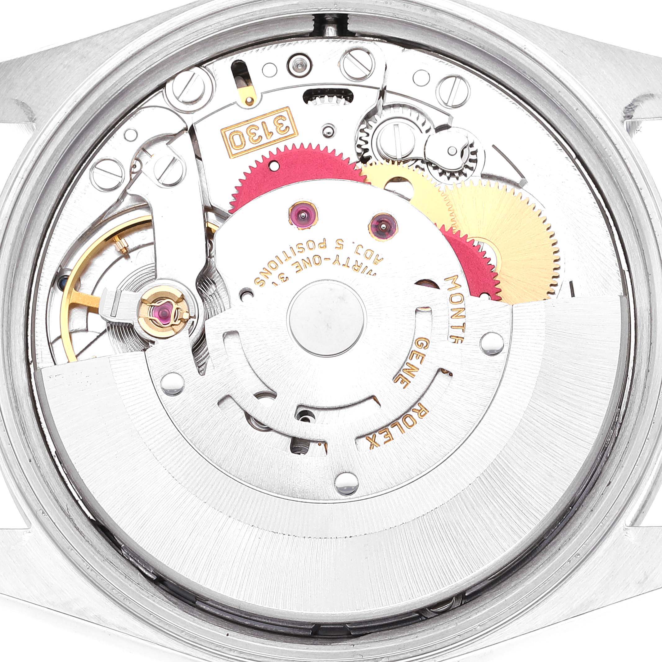 This image shows the internal mechanism of a Rolex Air-King 14000 Men's Stainless Steel Silver Dial 14000 Men's Stainless Steel Silver Dial watch viewed from the back, highlighting its intricate components.
