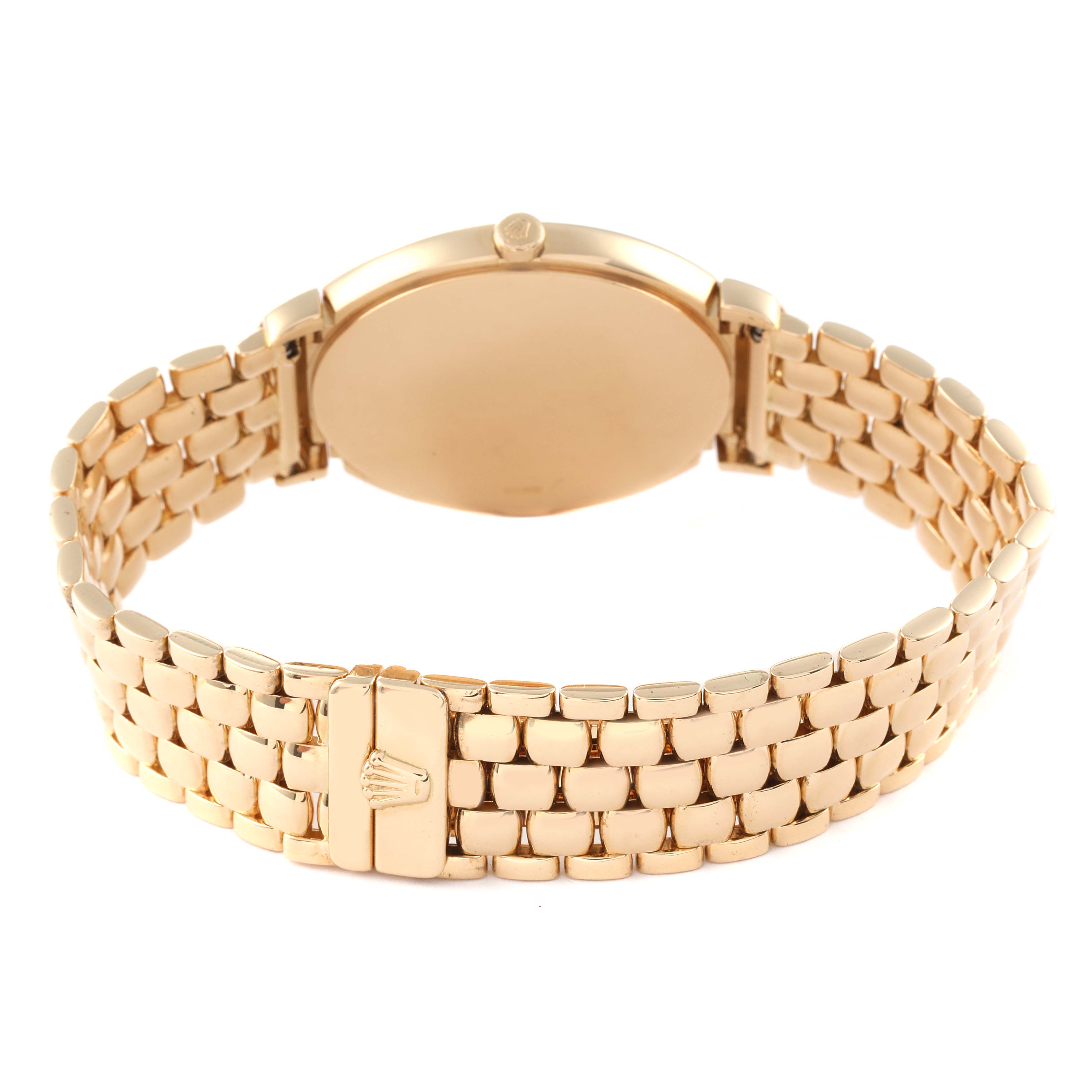 The image shows the back of the Rolex Cellini 6623 Men
s Yellow Gold Champagne Dial 6623 Men
s Yellow Gold Champagne Dial model watch, displaying its bracelet and clasp.