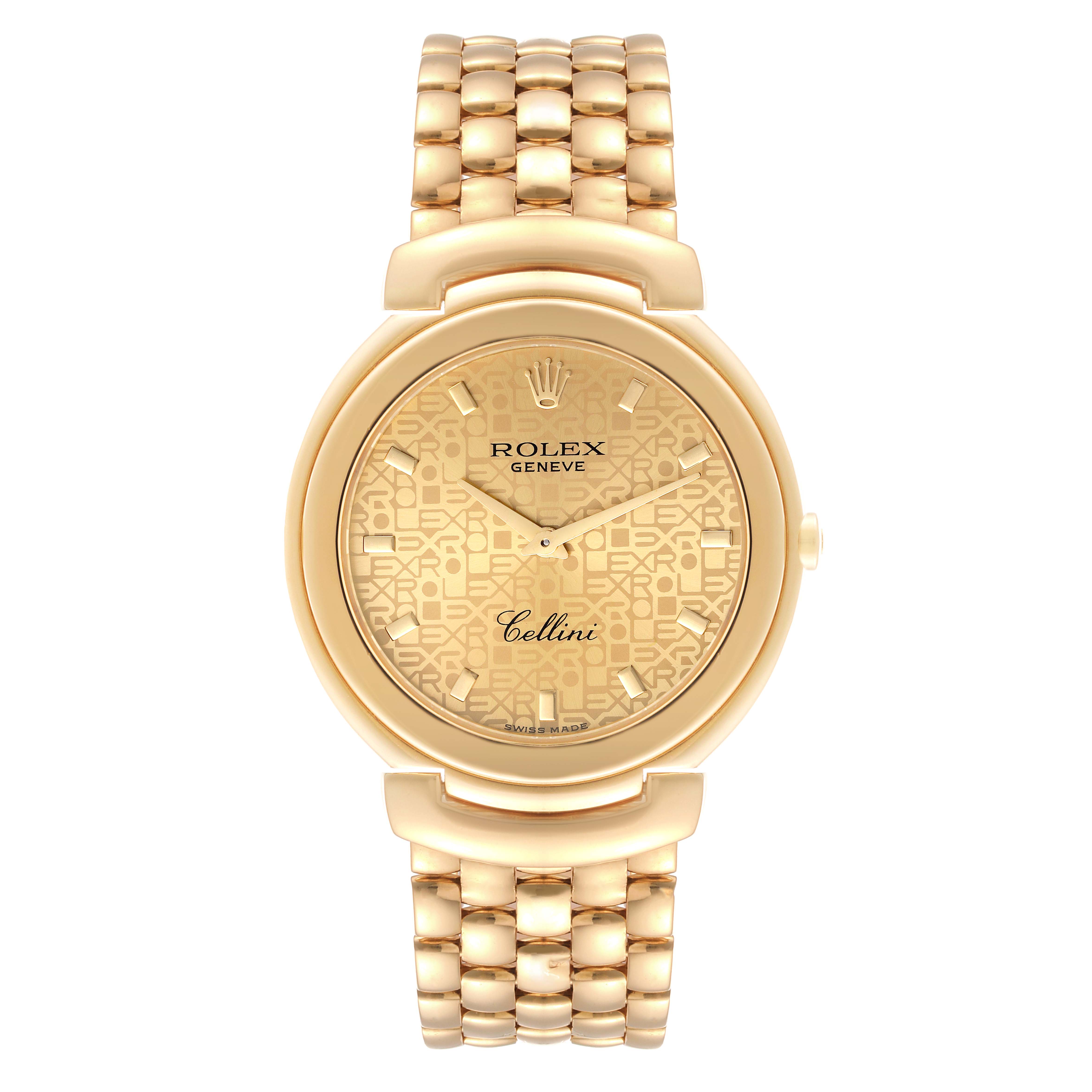 The image shows a front view of a gold Rolex Cellini 6623 Men
s Yellow Gold Champagne Dial 6623 Men
s Yellow Gold Champagne Dial watch, displaying its dial, bezel, and bracelet.