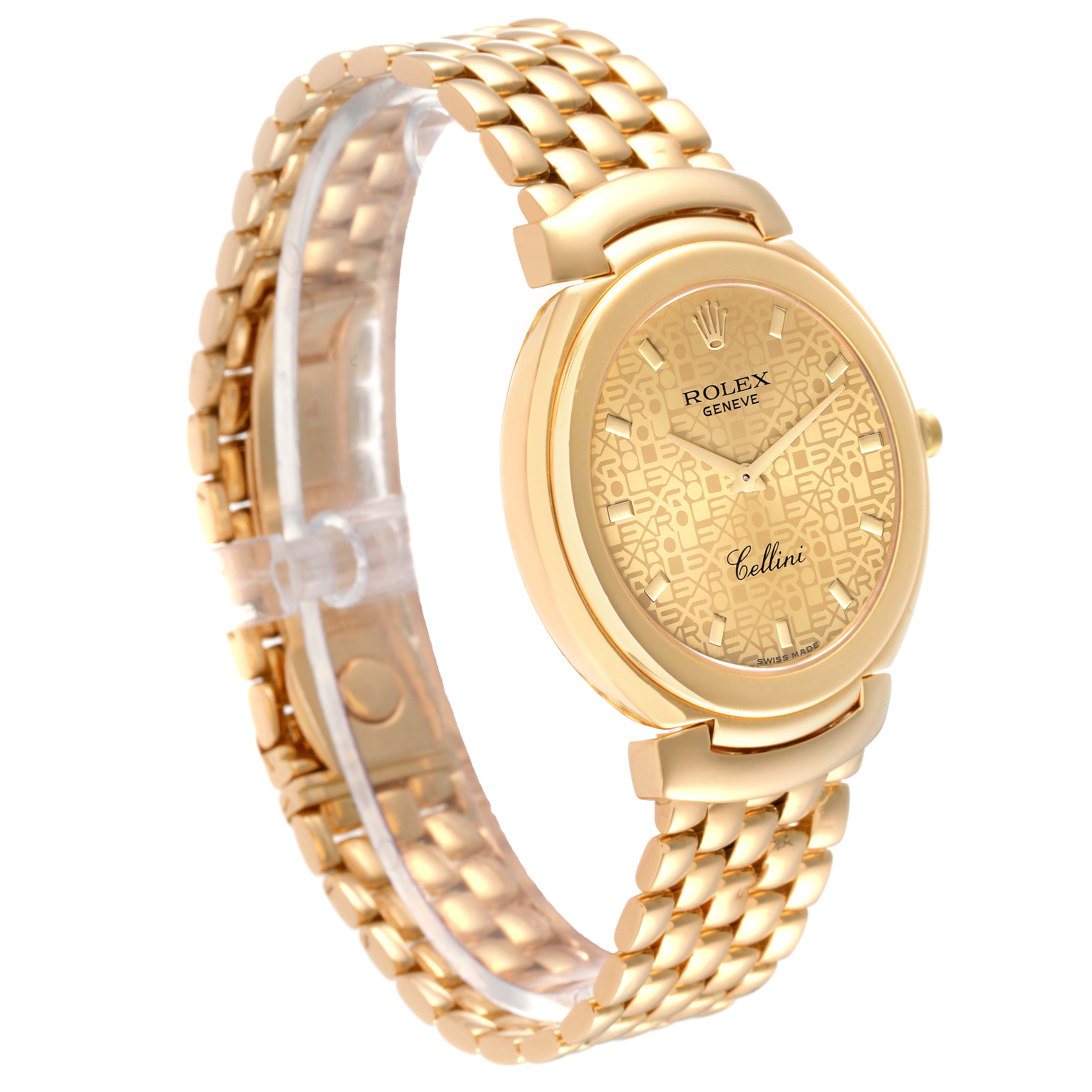 The image shows a Rolex Cellini 6623 Men
s Yellow Gold Champagne Dial 6623 Men
s Yellow Gold Champagne Dial watch from a side angle displaying its golden dial, bezel, and bracelet.