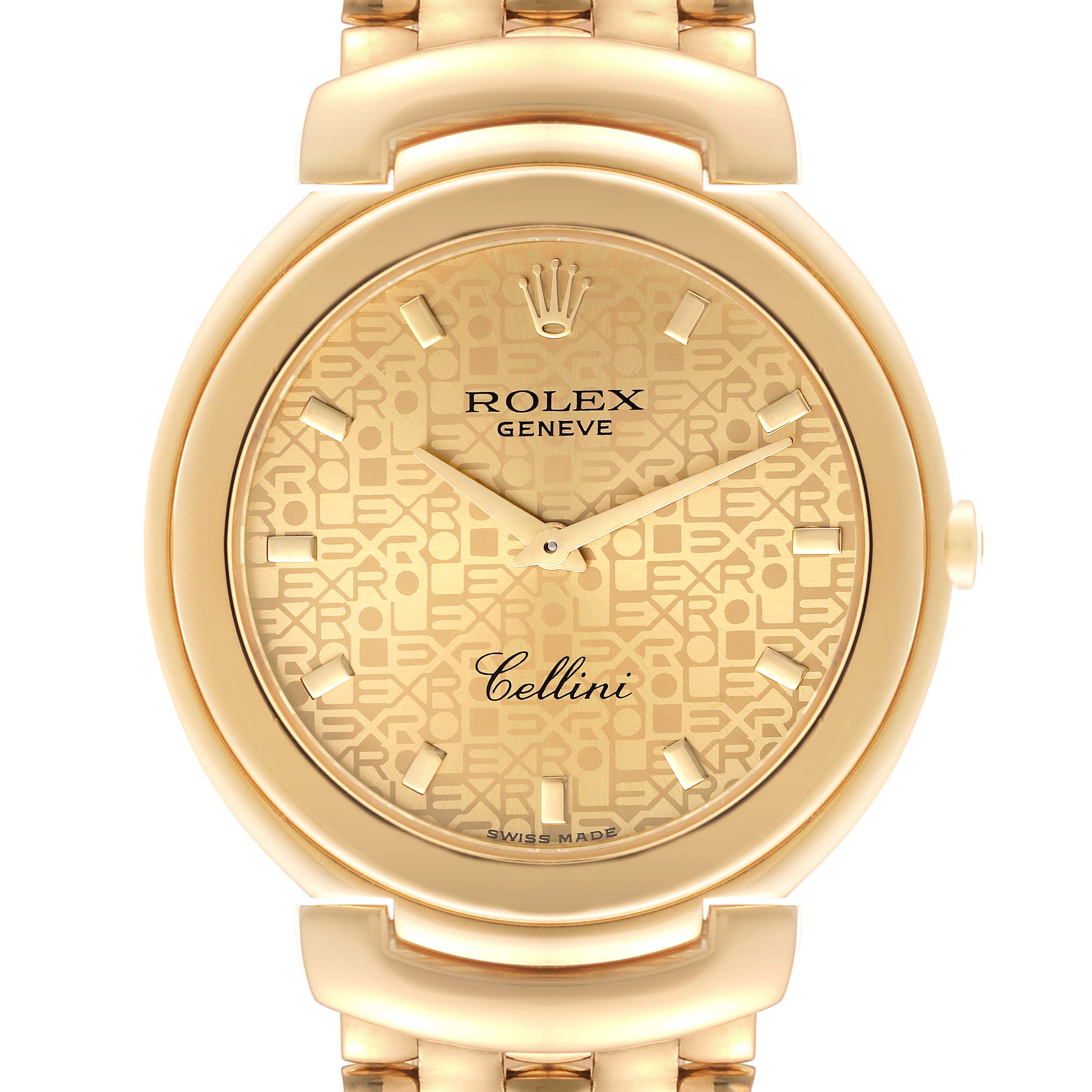 The image shows a front view of the Rolex Cellini 6623 Men
s Yellow Gold Champagne Dial 6623 Men
s Yellow Gold Champagne Dial watch, highlighting its gold dial, case, and part of the bracelet.