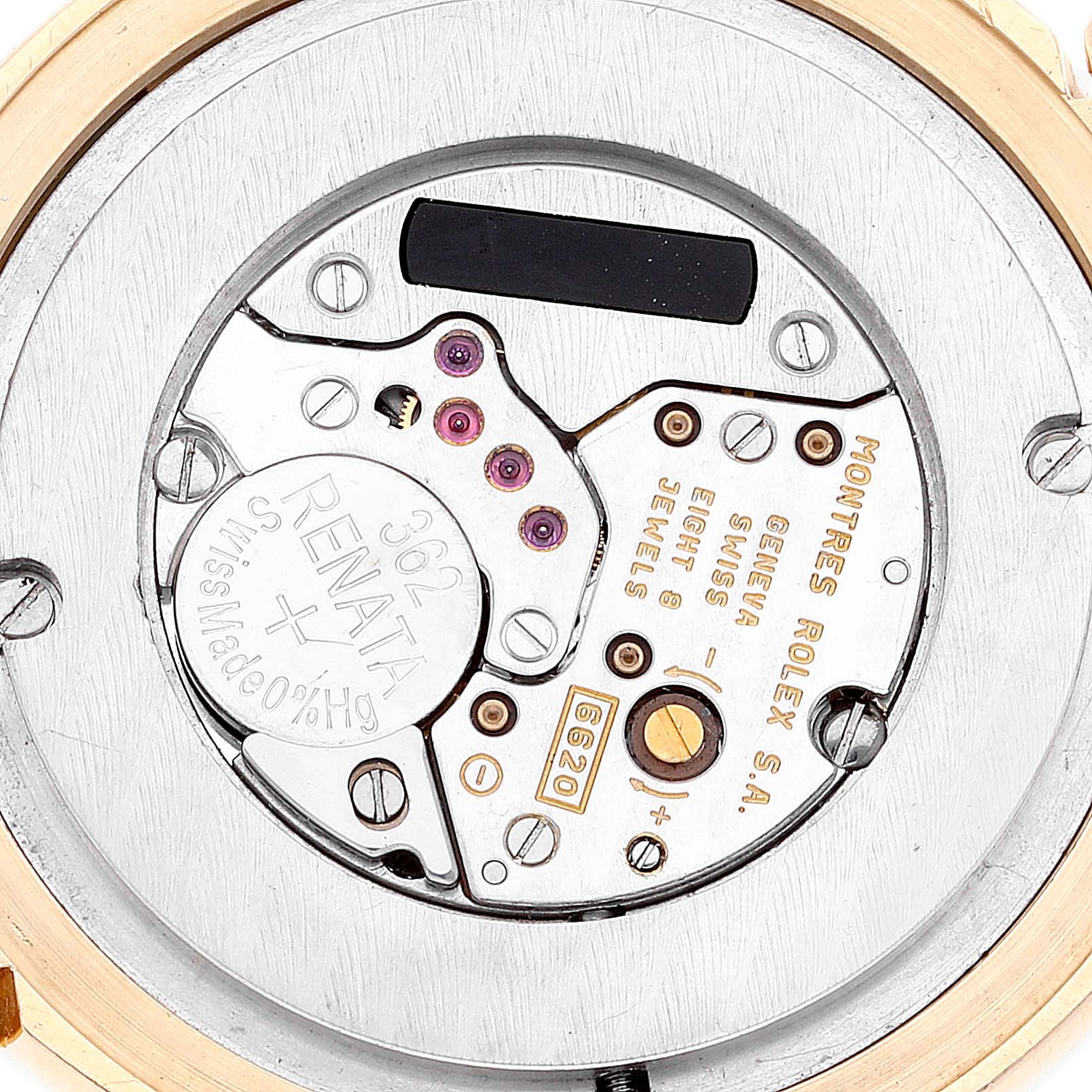 This image shows the internal mechanism and battery of a Rolex Cellini 6623 Men
s Yellow Gold Champagne Dial 6623 Men
s Yellow Gold Champagne Dial watch from a top-down angle.