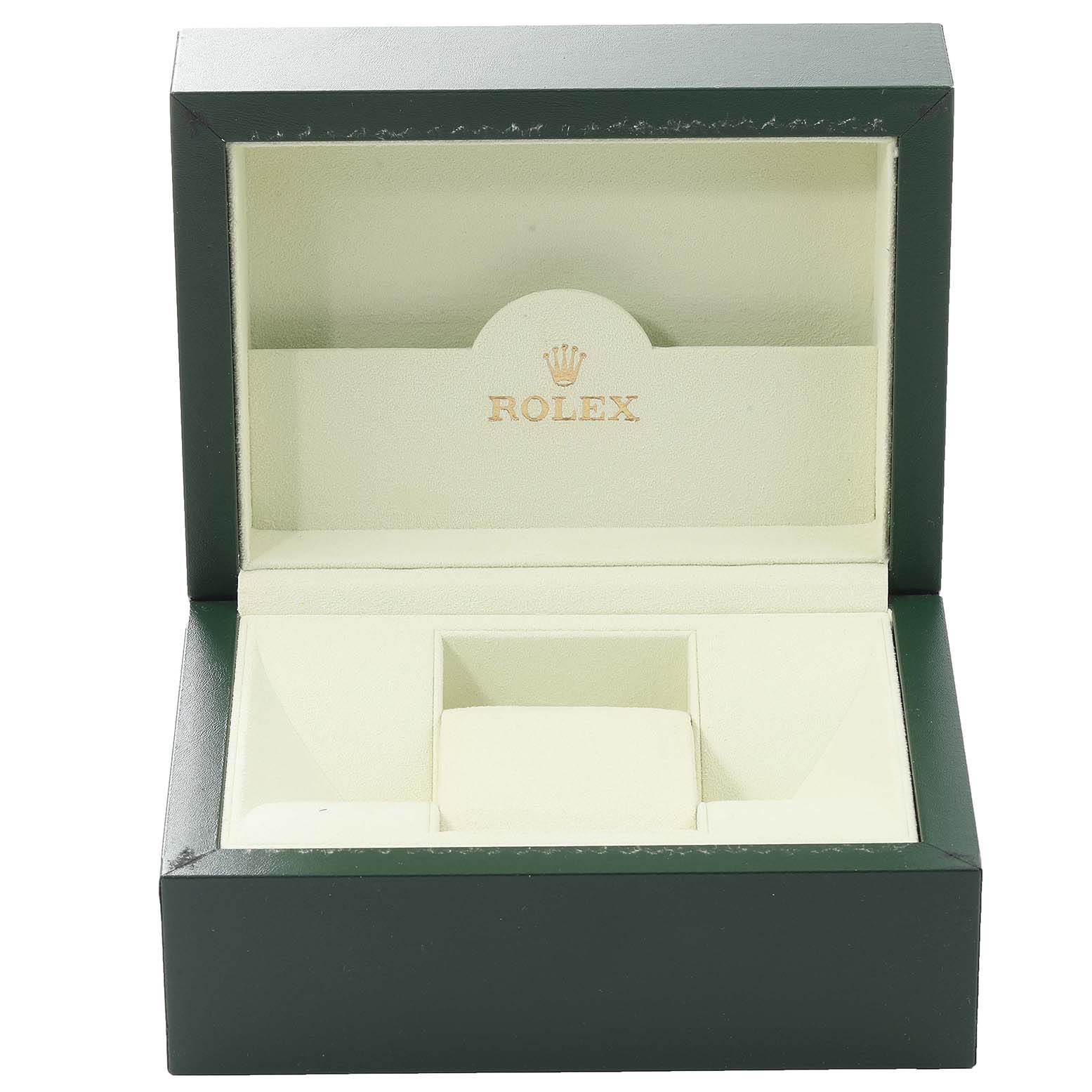 The image shows an empty Rolex watch box at a straight angle for the Cellini model.