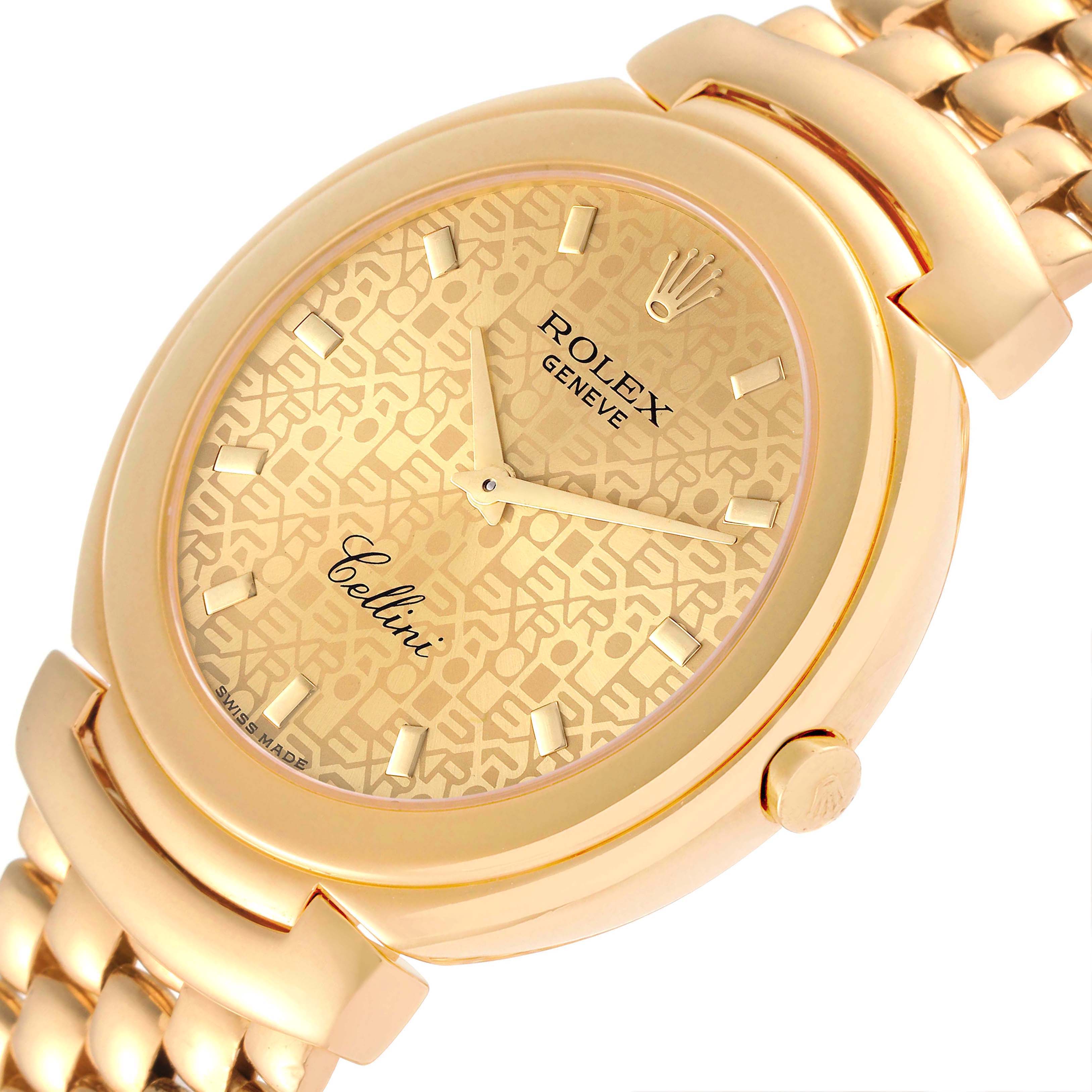 The Rolex Cellini 6623 Men
s Yellow Gold Champagne Dial 6623 Men
s Yellow Gold Champagne Dial watch is shown at an angle revealing the face, bezel, dial, hands, crown, and part of the bracelet.