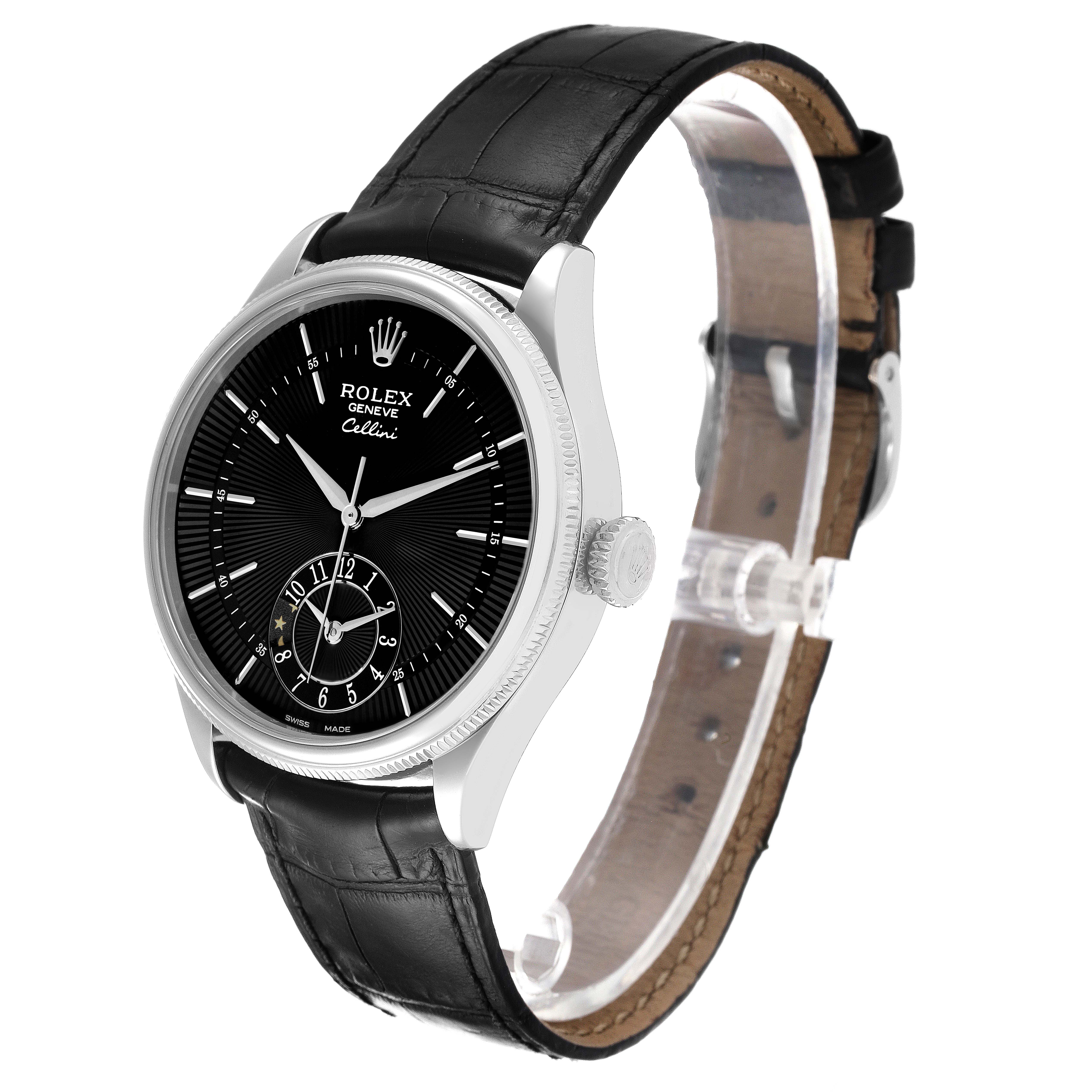The Rolex Cellini 50529 Men's White Gold Black Dial 50529 Men's White Gold Black Dial watch is shown from a front-right angle, displaying the face, crown, and strap.