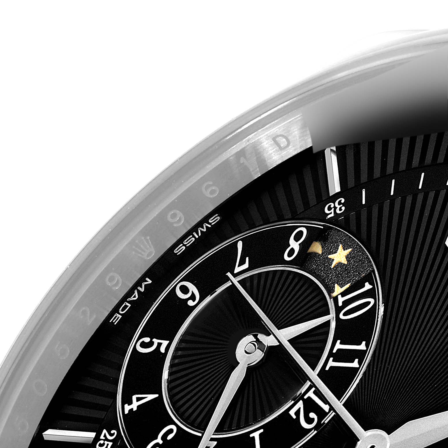 This is a close-up of the Rolex Cellini 50529 Men's White Gold Black Dial 50529 Men's White Gold Black Dial watch dial, showcasing the hands, hour markers, and a section of the bezel.