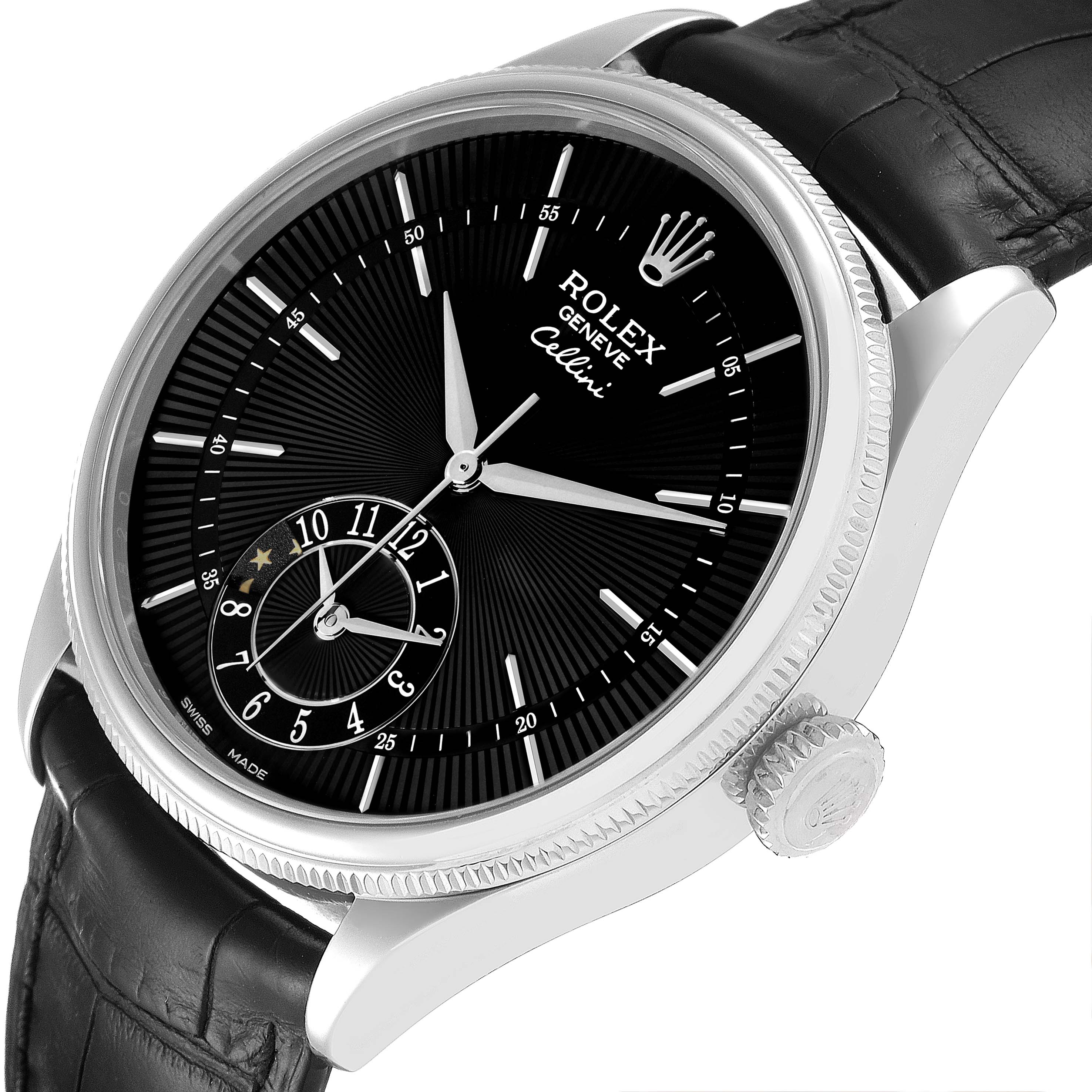 The Rolex Cellini 50529 Men's White Gold Black Dial 50529 Men's White Gold Black Dial watch is shown at a tilted angle, highlighting its black dial, hour and minute markers, crown, and black leather strap.