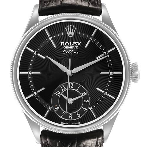 The Rolex Cellini 50529 Men's White Gold Black Dial watch is shown from the front, displaying the dial, crown, and leather strap.
