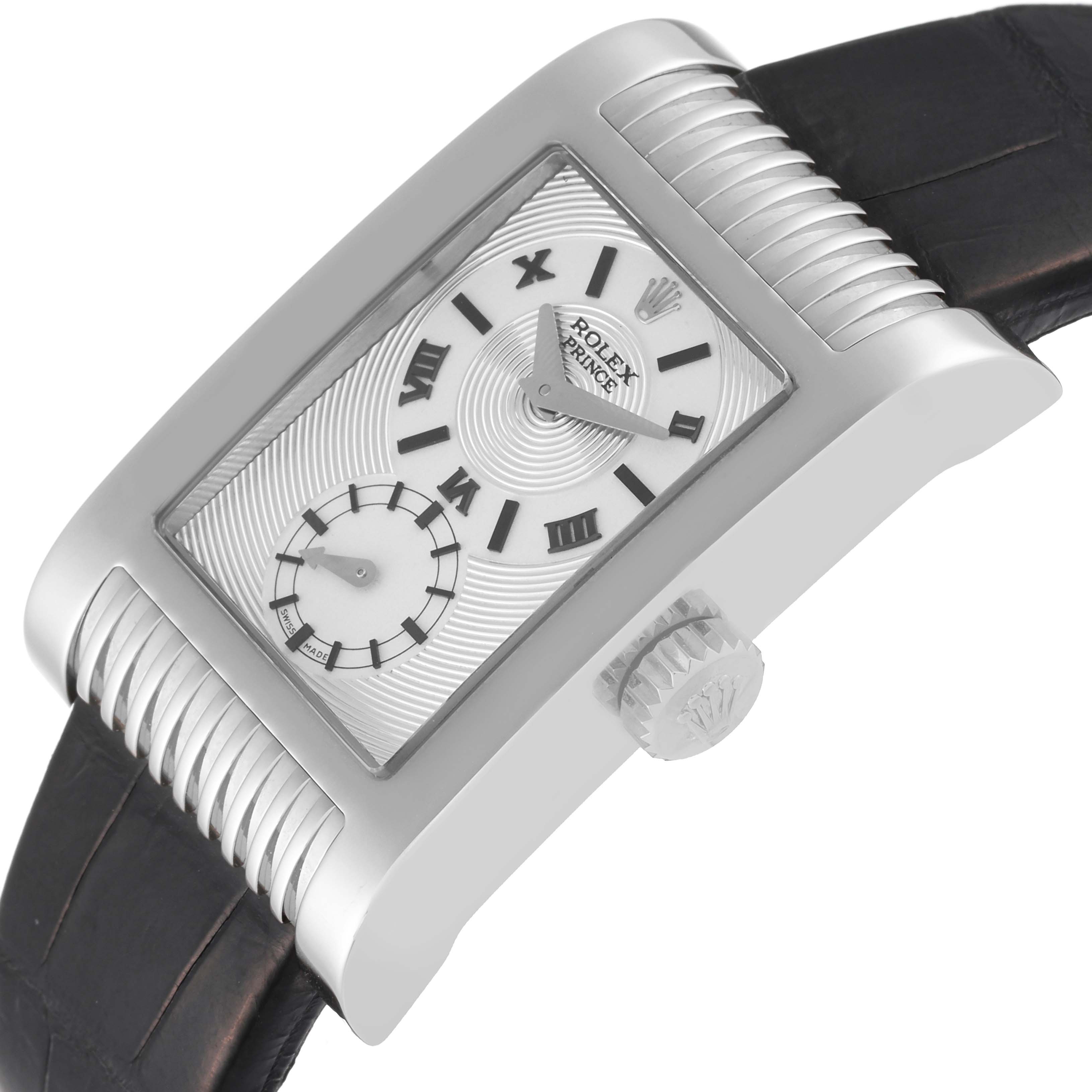 The image shows a side-angle view of a Rolex Cellini 5441 Men
s White Gold Silver Dial 5441 Men
s White Gold Silver Dial watch, highlighting its dial, case, crown, and black leather strap.