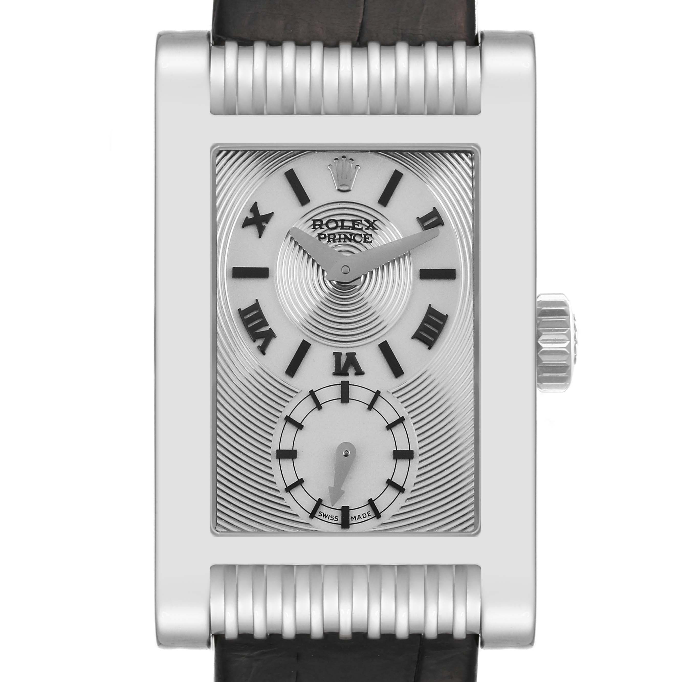 This image shows a front view of the Rolex Cellini 5441 Men
s White Gold Silver Dial 5441 Men
s White Gold Silver Dial model watch, highlighting the dial, case, crown, and leather strap.