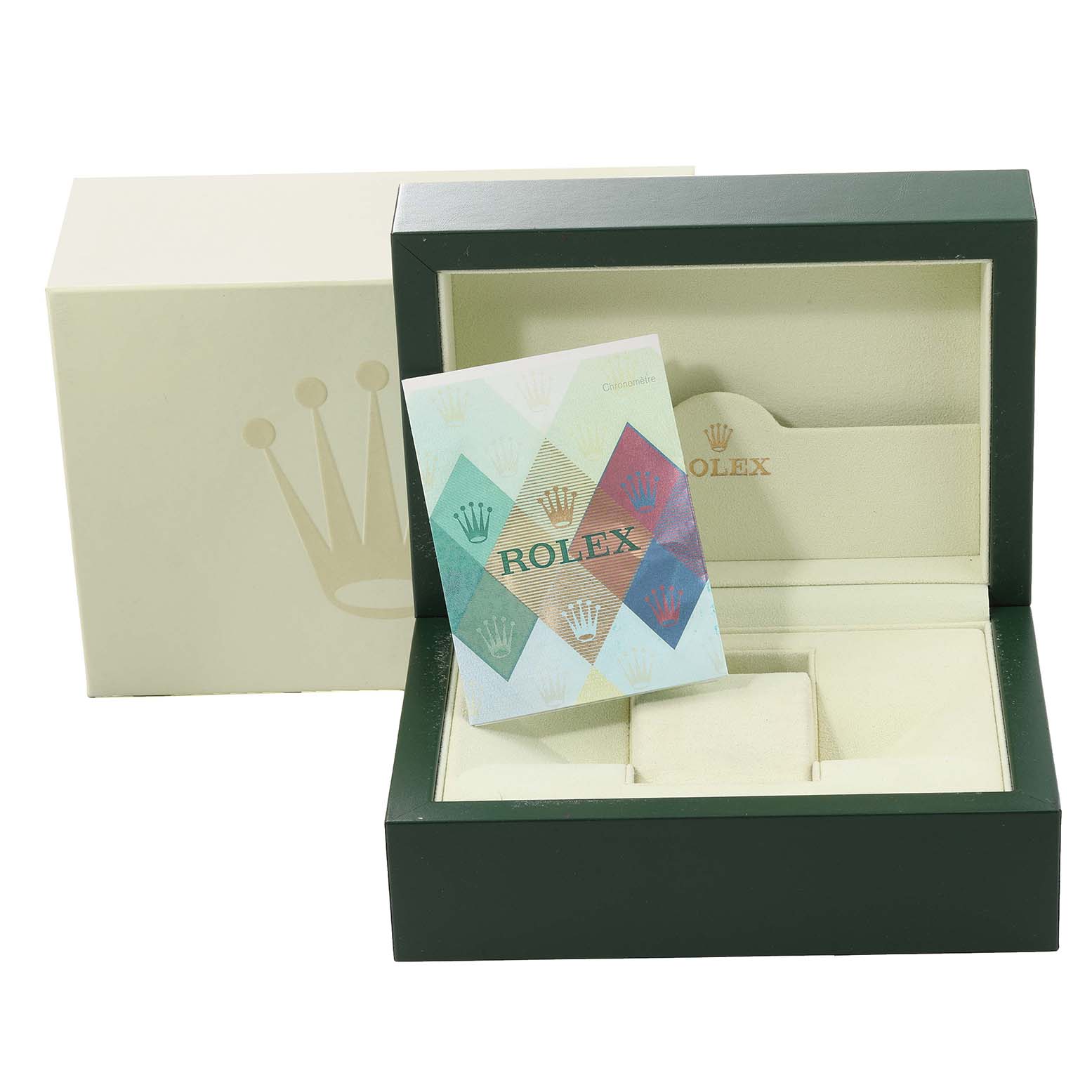 The image shows the open box and certificate for the Rolex Cellini 5441 Men
s White Gold Silver Dial 5441 Men
s White Gold Silver Dial model, displaying the interior compartments.