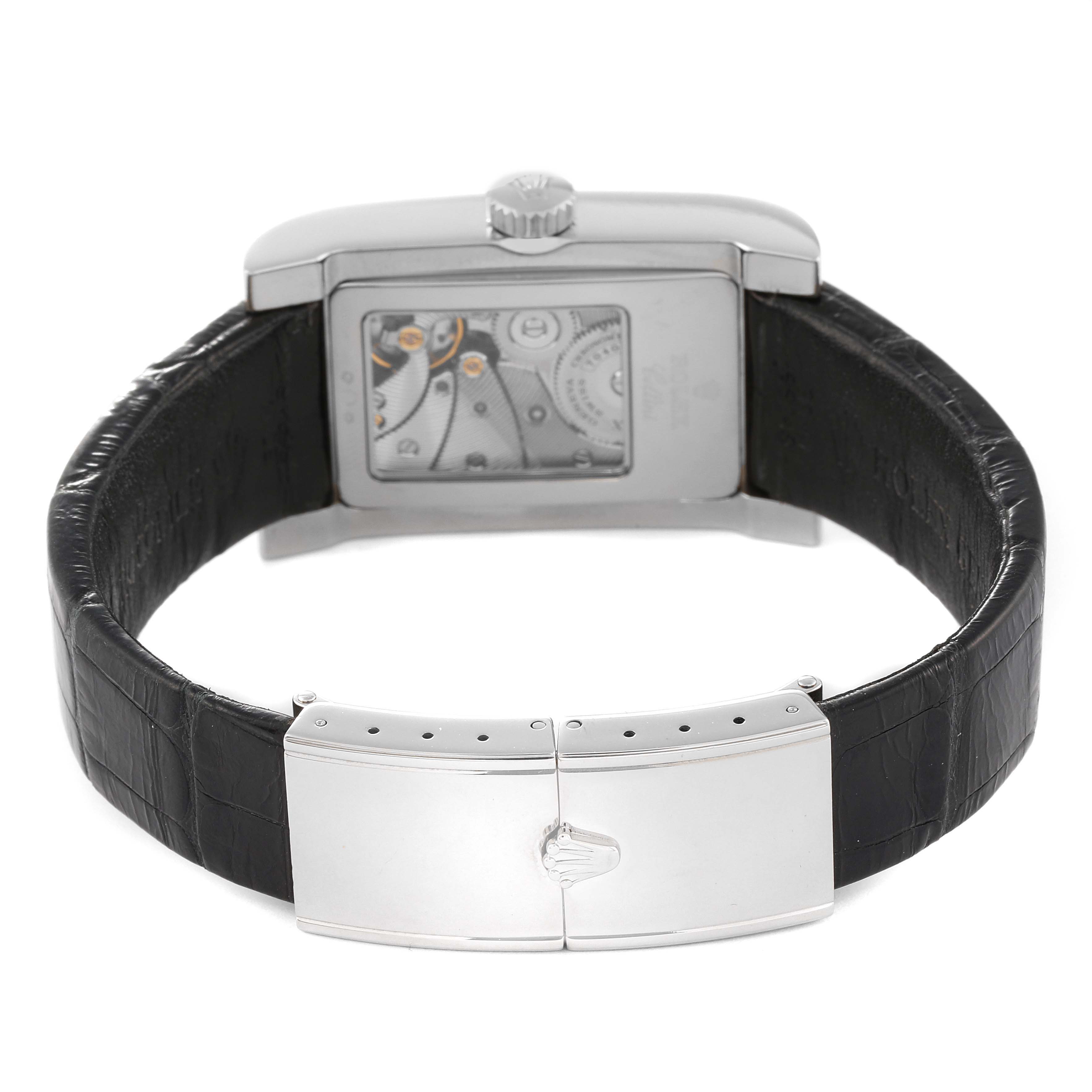 The image shows the back view of a Rolex Cellini 5441 Men
s White Gold Silver Dial 5441 Men
s White Gold Silver Dial watch, highlighting the case back, movement, and leather strap with a clasp.