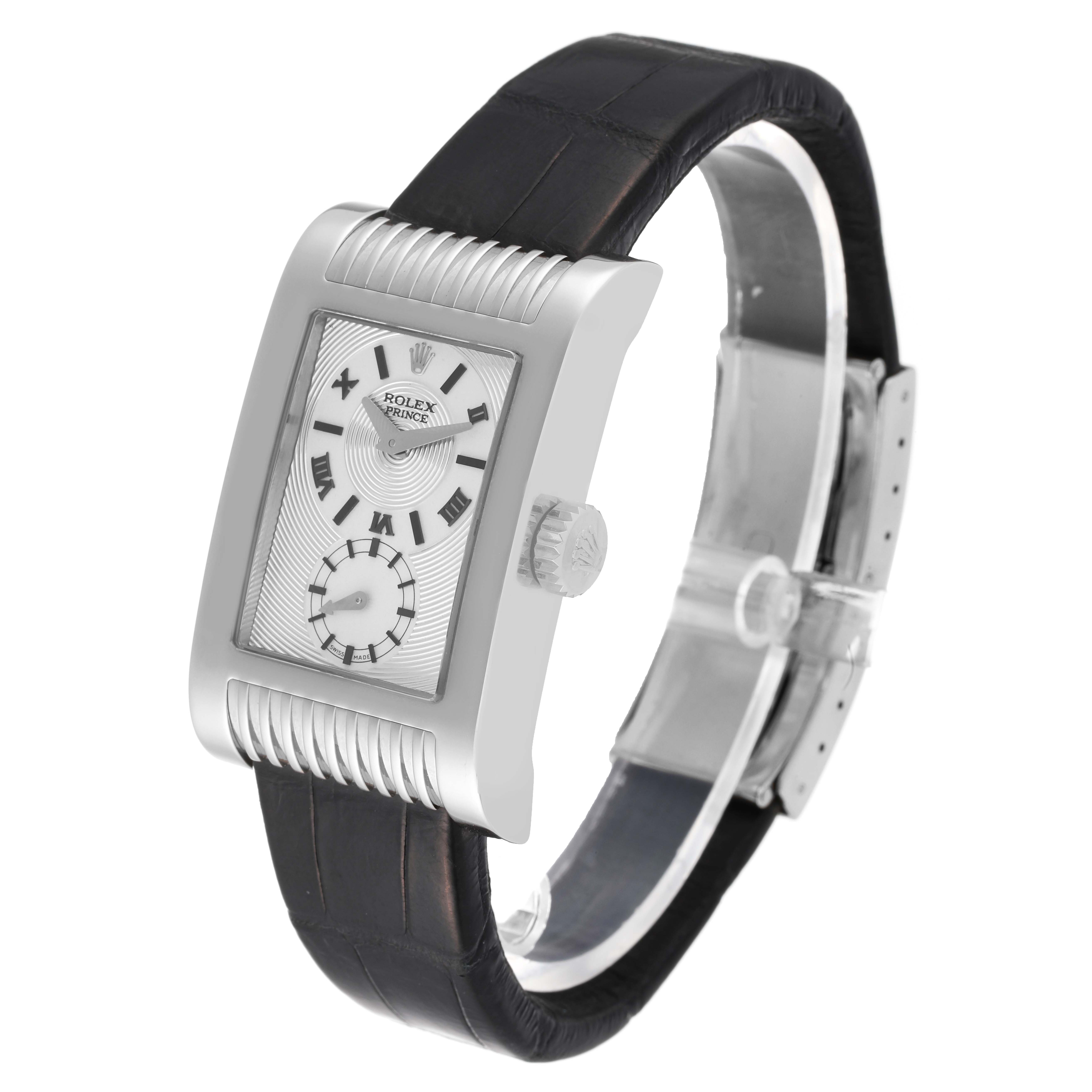 This image shows a Rolex Cellini 5441 Men
s White Gold Silver Dial 5441 Men
s White Gold Silver Dial model watch with a rectangular dial and black leather strap, viewed from an angled side perspective.