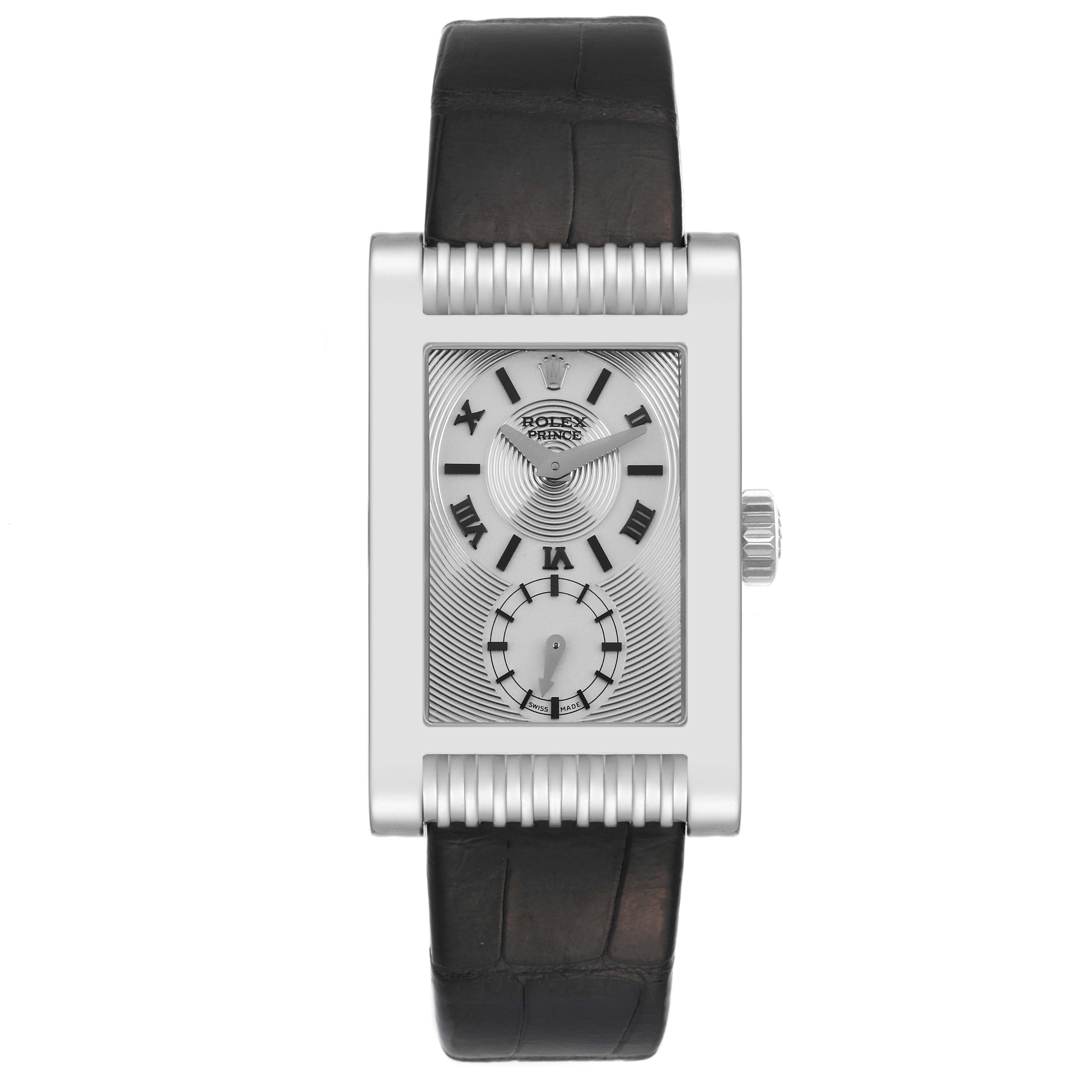 The image shows a front view of the Rolex Cellini 5441 Men
s White Gold Silver Dial 5441 Men
s White Gold Silver Dial watch, including its rectangular dial, bezel, and alligator leather strap.