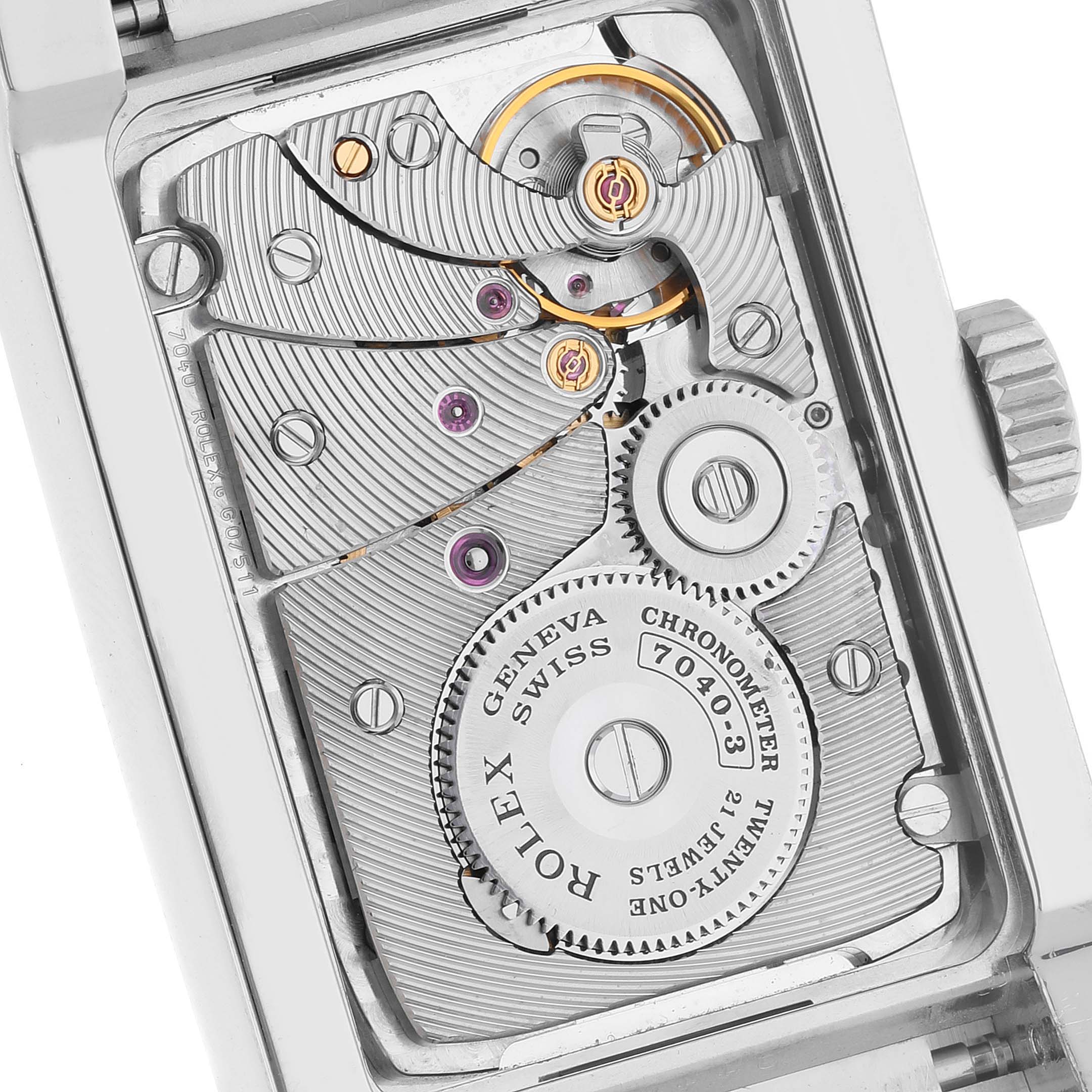 The image shows the intricate movement and internal mechanism of a Rolex Cellini 5441 Men
s White Gold Silver Dial 5441 Men
s White Gold Silver Dial watch from the back angle.