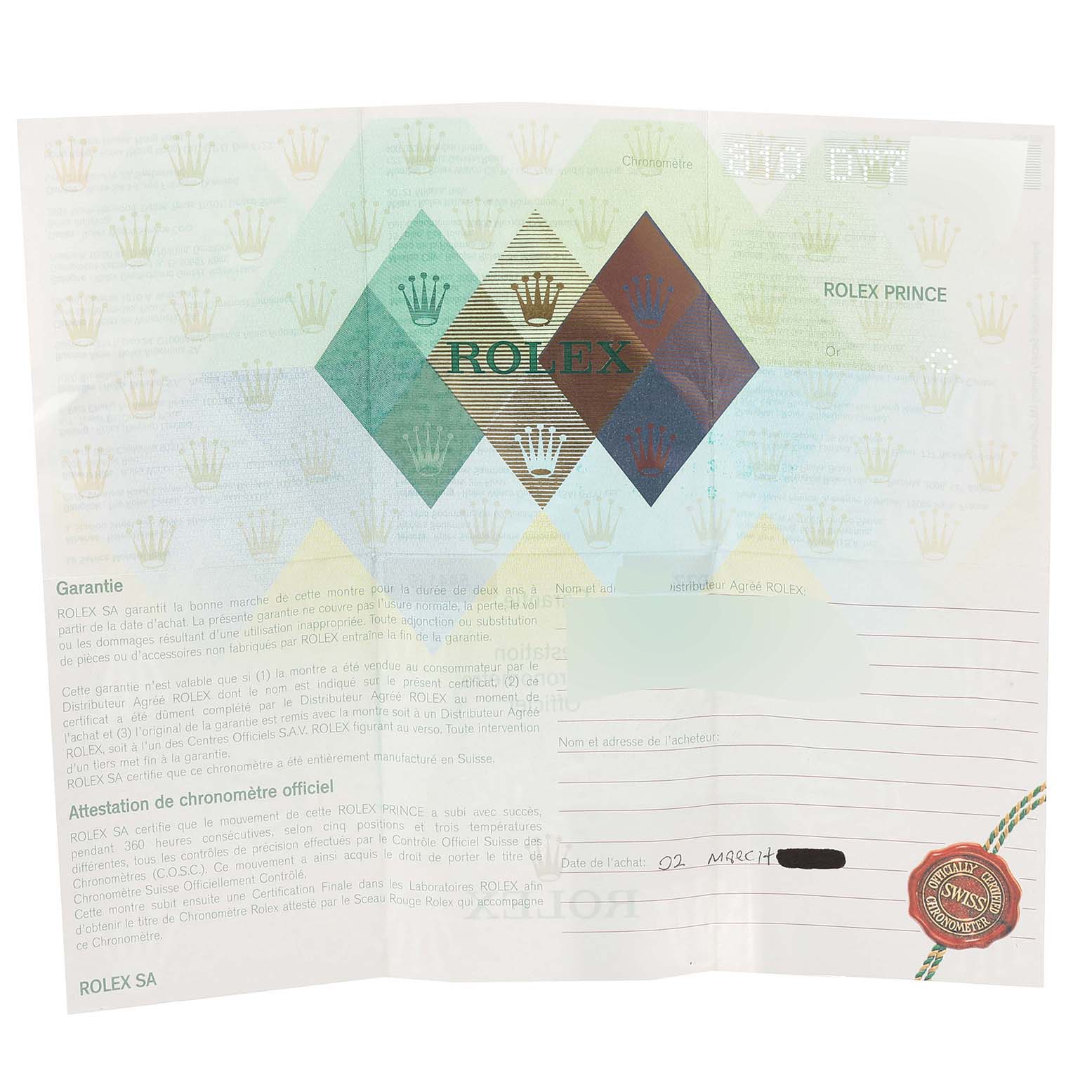 This is the guarantee and certification document for the Rolex Cellini 5441 Men
s White Gold Silver Dial 5441 Men
s White Gold Silver Dial model watch, shown in a flat, unfolded position.