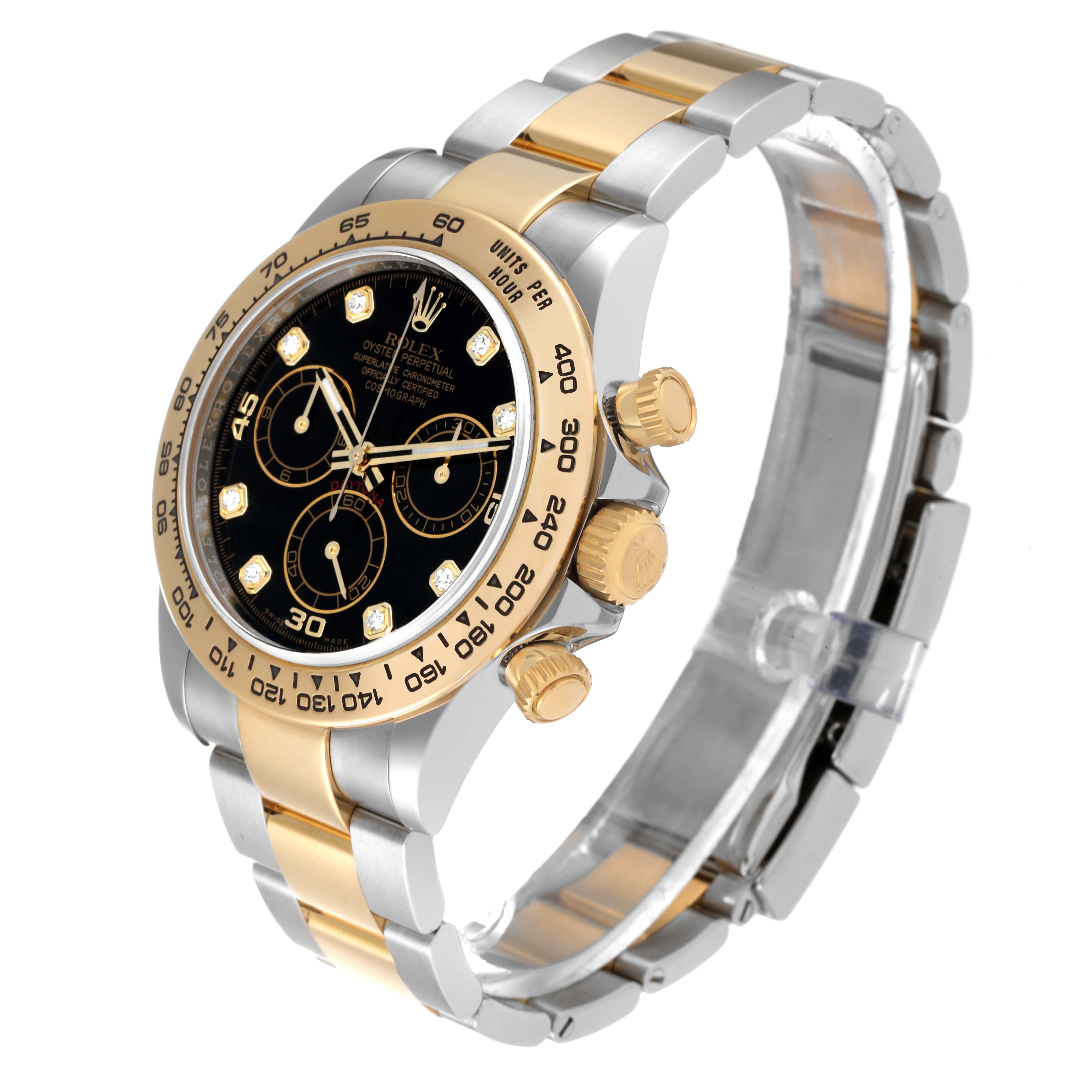 This image shows the side and front angle of a Rolex Daytona 116503 Men's Steel and Gold (two tone) Black Dial 116503 Men's Steel and Gold (two tone) Black Dial watch, highlighting its dial, bezel, and bracelet.
