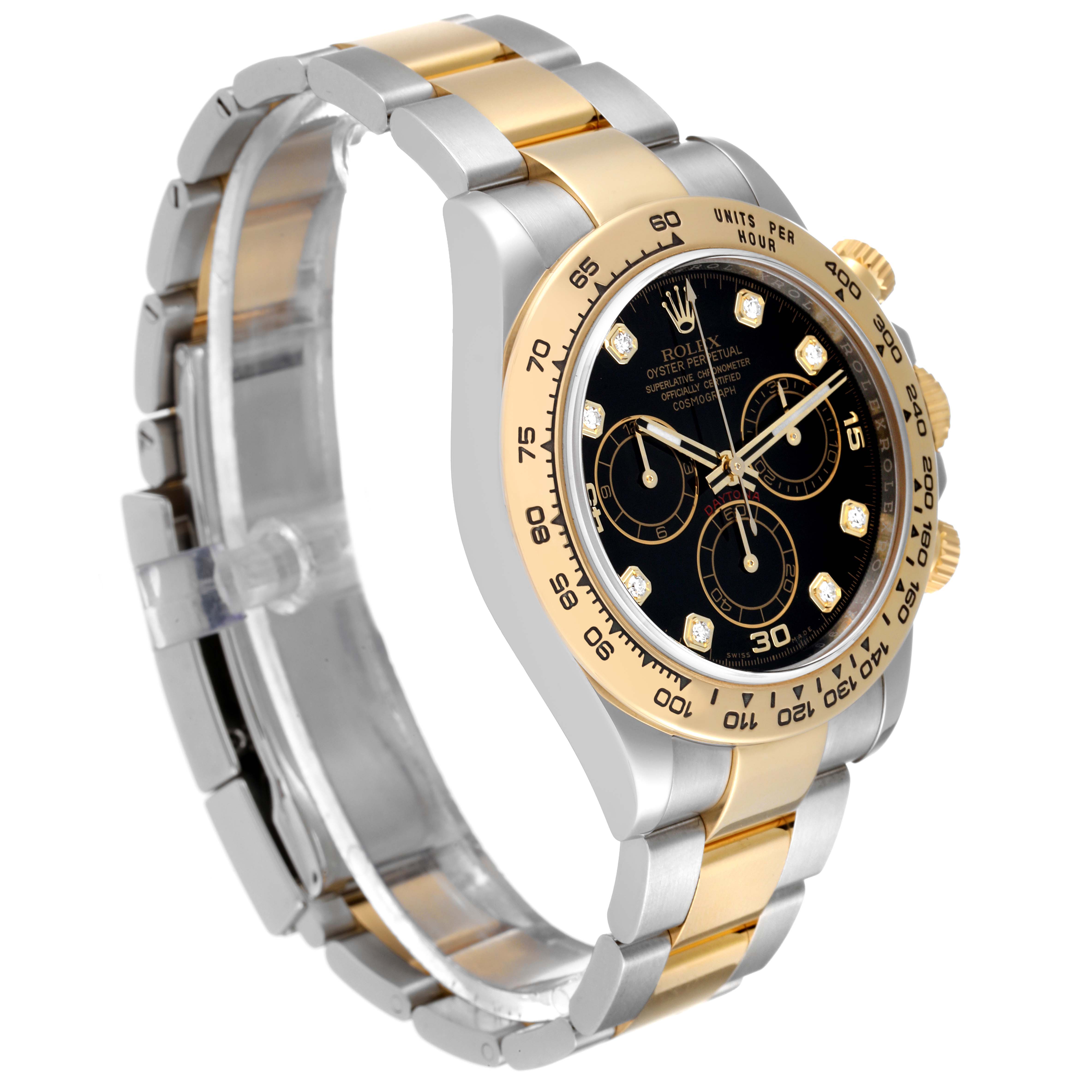 This angle shows the front and side of the Rolex Daytona 116503 Men's Steel and Gold (two tone) Black Dial 116503 Men's Steel and Gold (two tone) Black Dial watch, highlighting the dial, bezel, and two-tone bracelet.