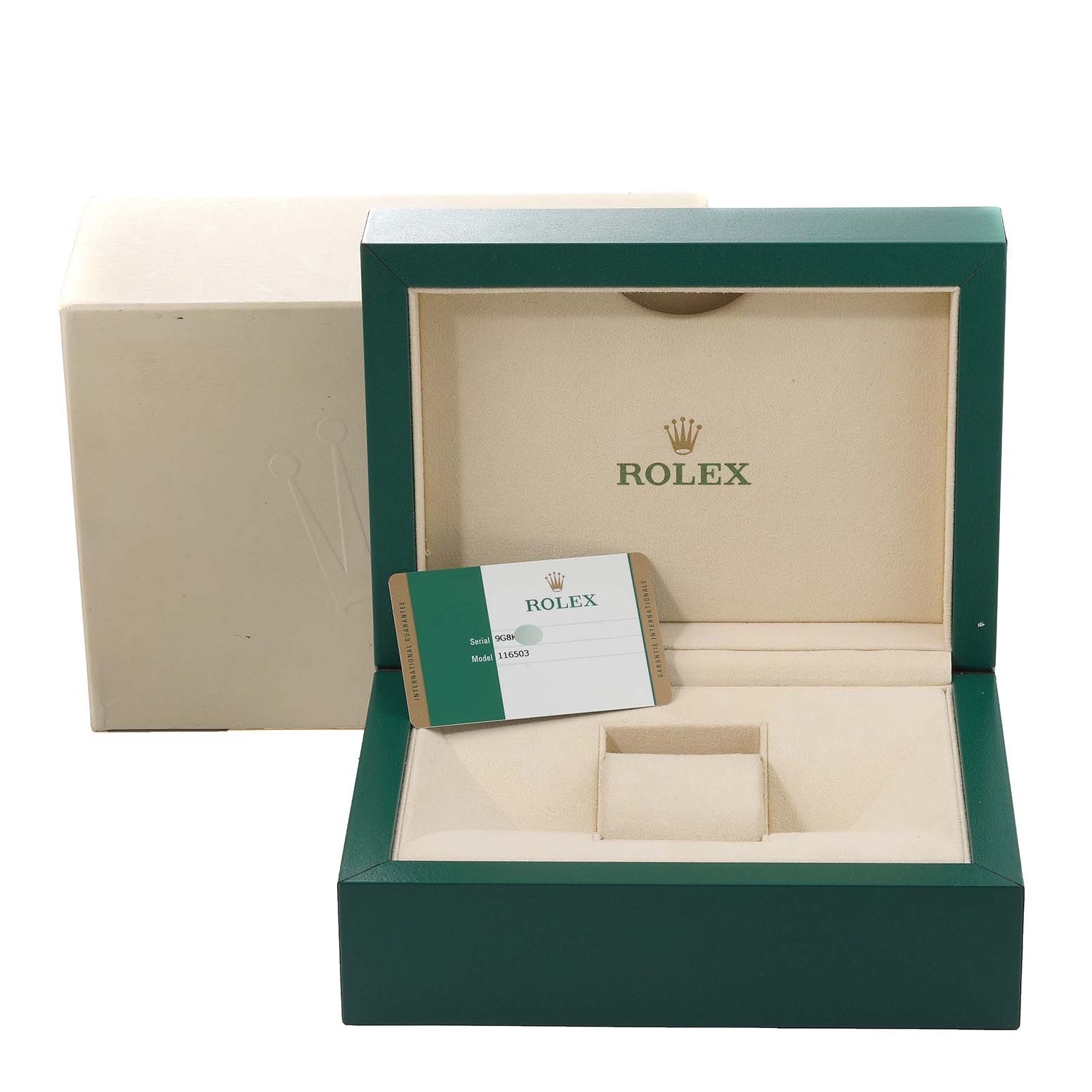 The image shows the open packaging and warranty card for a Rolex Daytona 116503 Men's Steel and Gold (two tone) Black Dial 116503 Men's Steel and Gold (two tone) Black Dial watch.