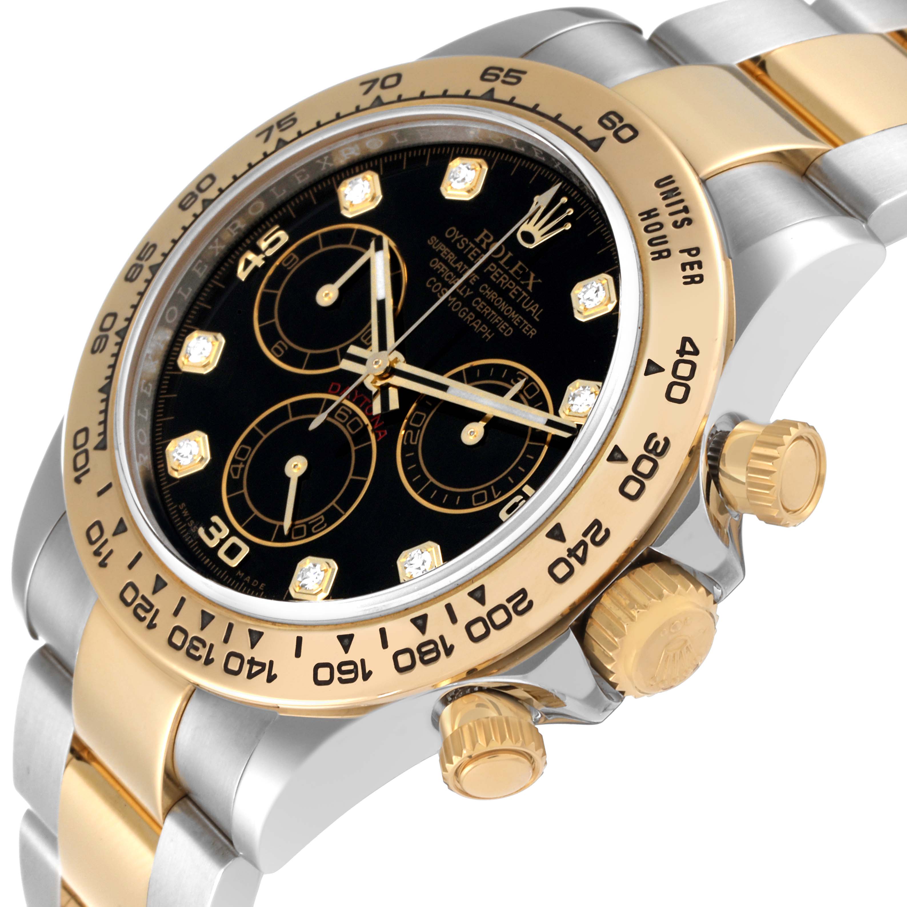 The image shows a close-up angled view of the Rolex Daytona 116503 Men's Steel and Gold (two tone) Black Dial 116503 Men's Steel and Gold (two tone) Black Dial watch, highlighting the dial, bezel, and crown in gold and silver tones.