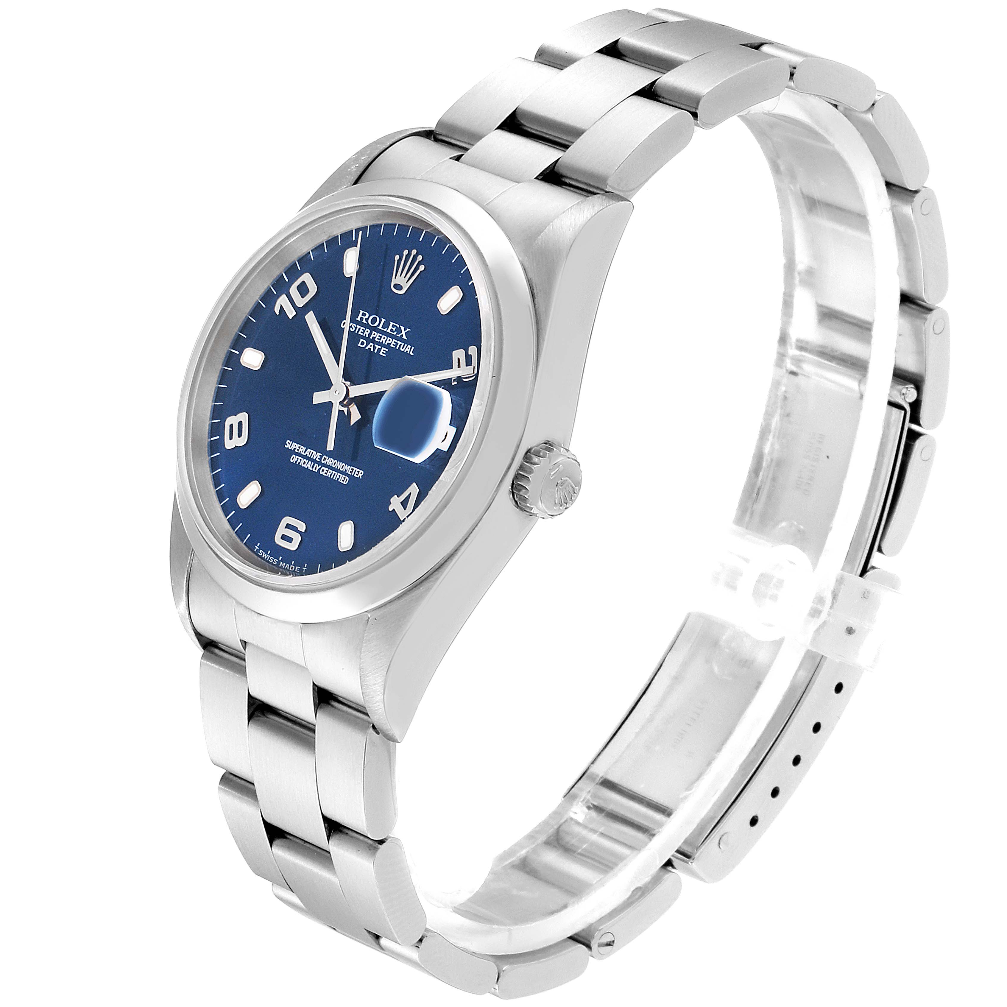 The Rolex Datejust 15200 Men's Stainless Steel Blue Dial 15200 Men's Stainless Steel Blue Dial watch is shown from a three-quarter angle, displaying the dial, crown, and part of the bracelet.