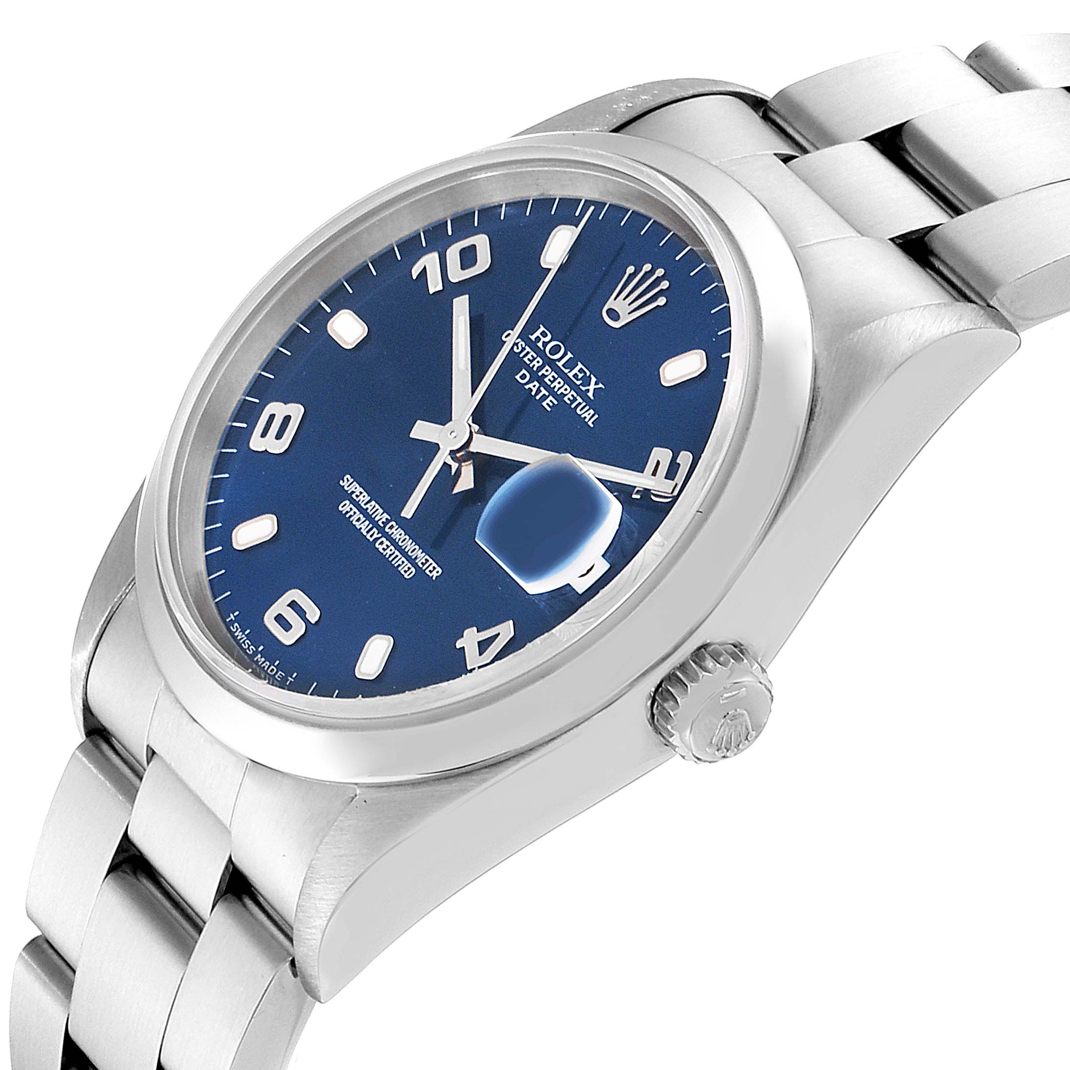 The image shows a side-angle view of the Rolex Datejust 15200 Men's Stainless Steel Blue Dial 15200 Men's Stainless Steel Blue Dial watch, highlighting its blue dial, bezel, crown, and part of the bracelet.