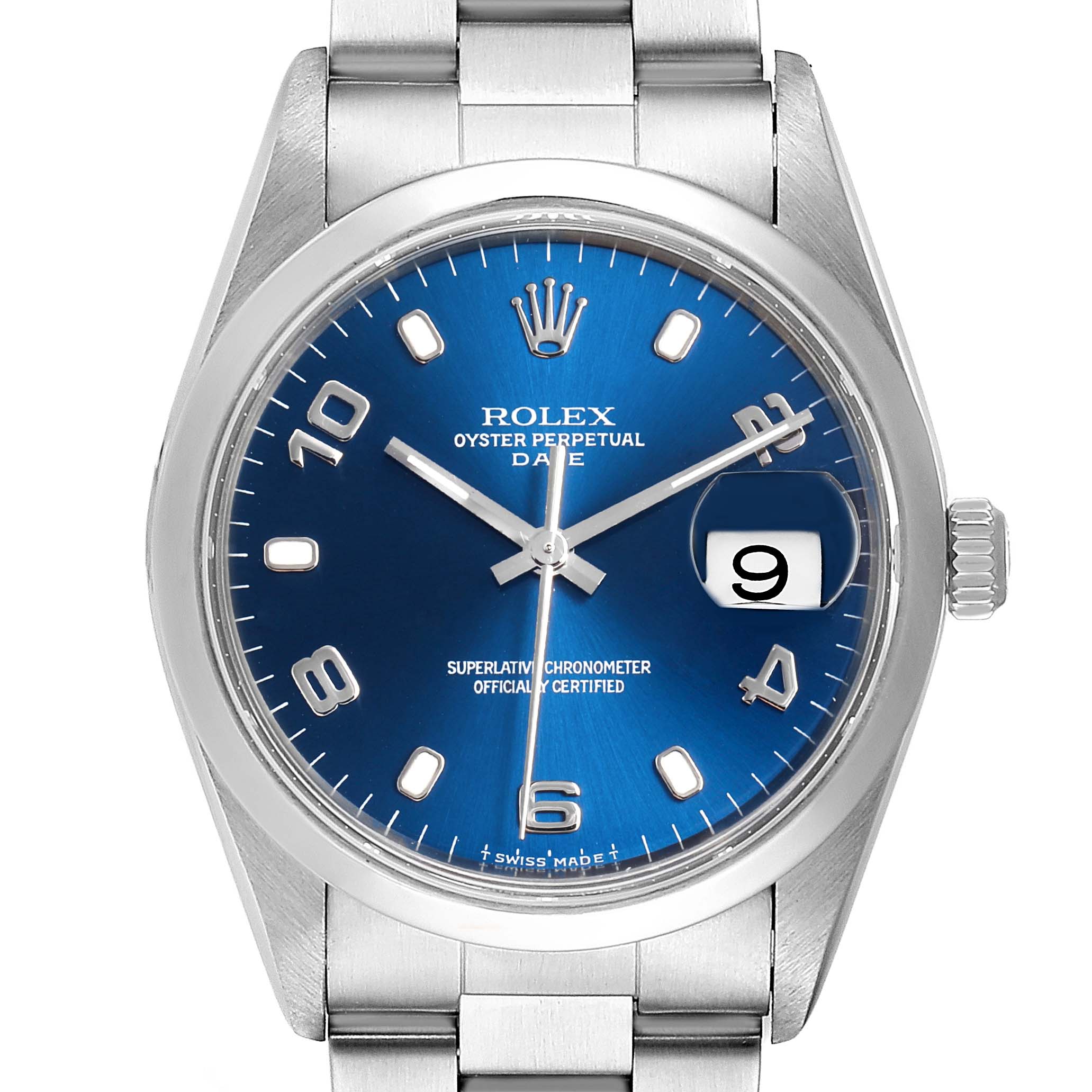 This image shows a front view of a Rolex Datejust 15200 Men's Stainless Steel Blue Dial 15200 Men's Stainless Steel Blue Dial watch, highlighting its blue dial, date window, and stainless steel bracelet.