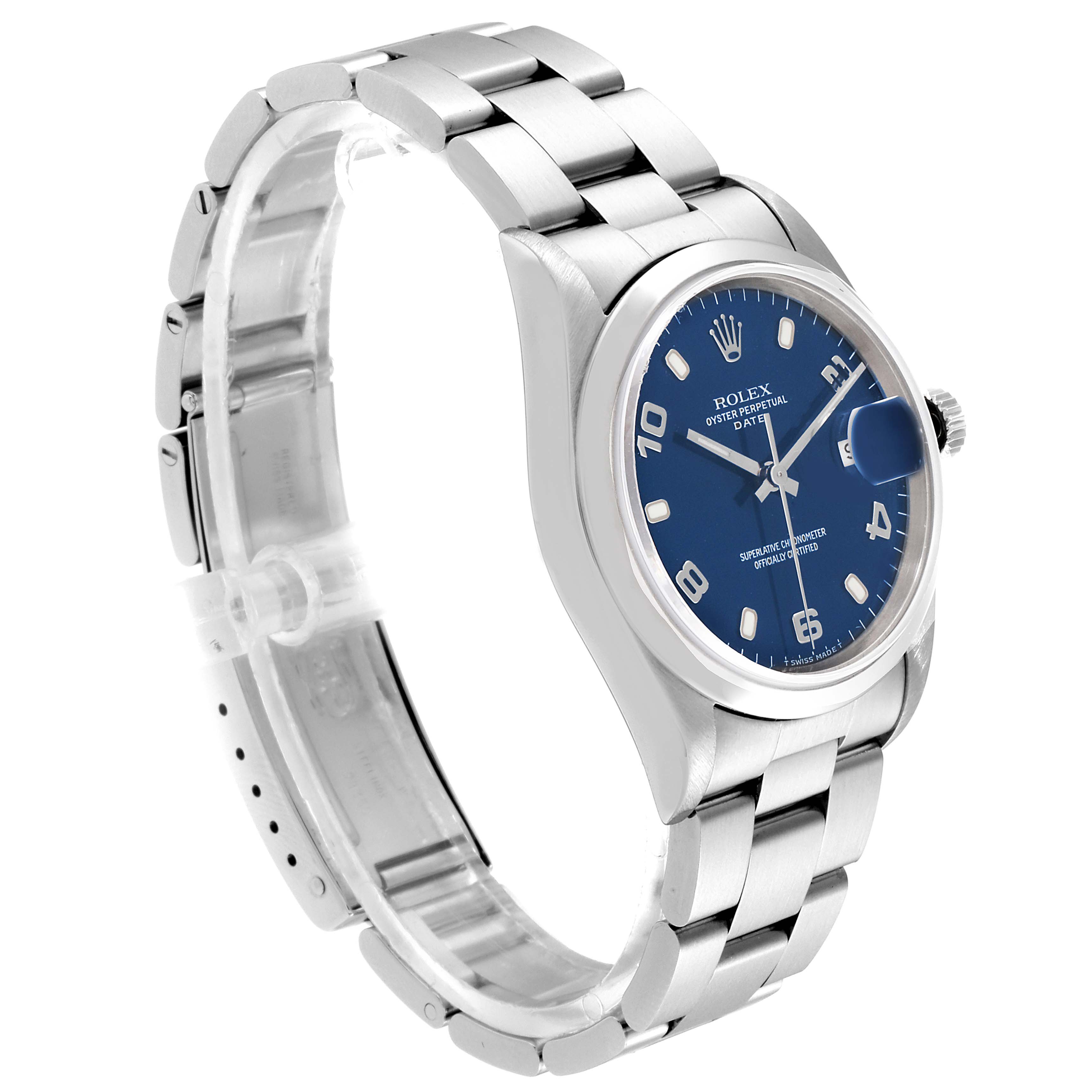 The Rolex Datejust 15200 Men's Stainless Steel Blue Dial 15200 Men's Stainless Steel Blue Dial watch is shown at an angled side view, highlighting its blue dial, date function, and stainless steel bracelet.