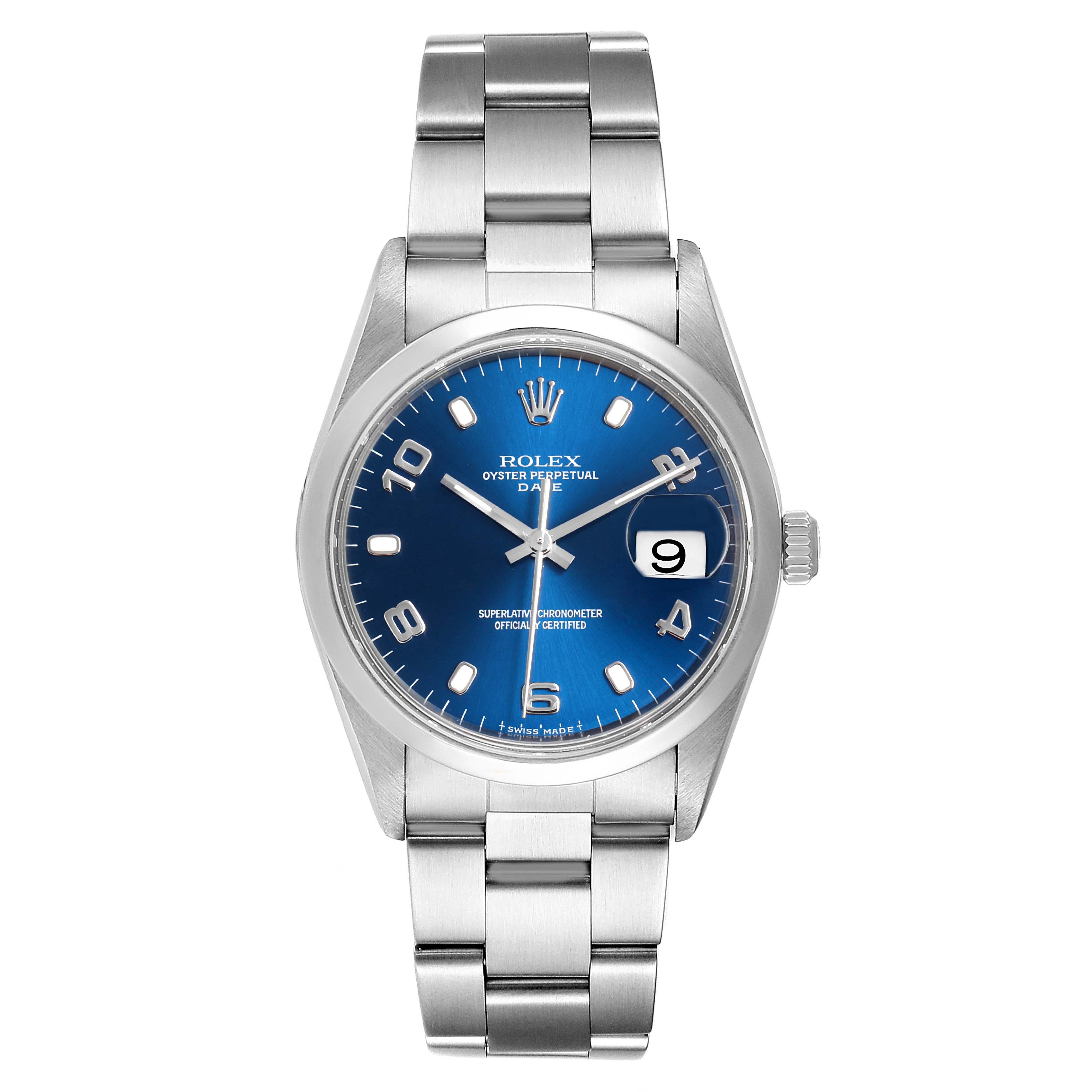 This image shows a front view of a Rolex Datejust 15200 Men's Stainless Steel Blue Dial 15200 Men's Stainless Steel Blue Dial watch, highlighting the blue dial, stainless steel bracelet, and date display.