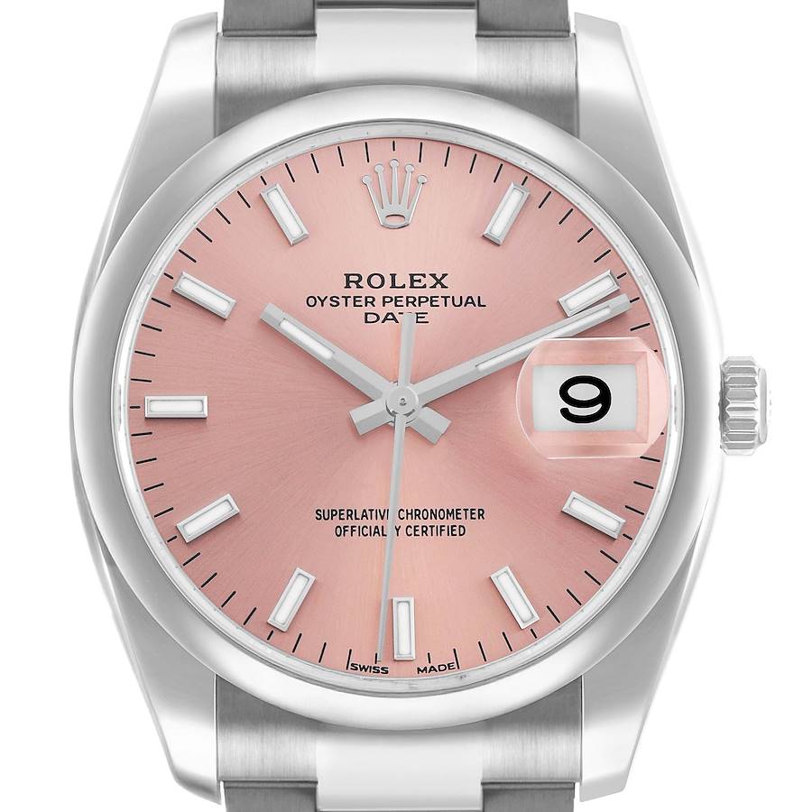 The image shows a frontal view of a Rolex Oyster Perpetual 115200 Men's Stainless Steel Pink Dial Date watch, highlighting its pink dial, date window, and bracelet.