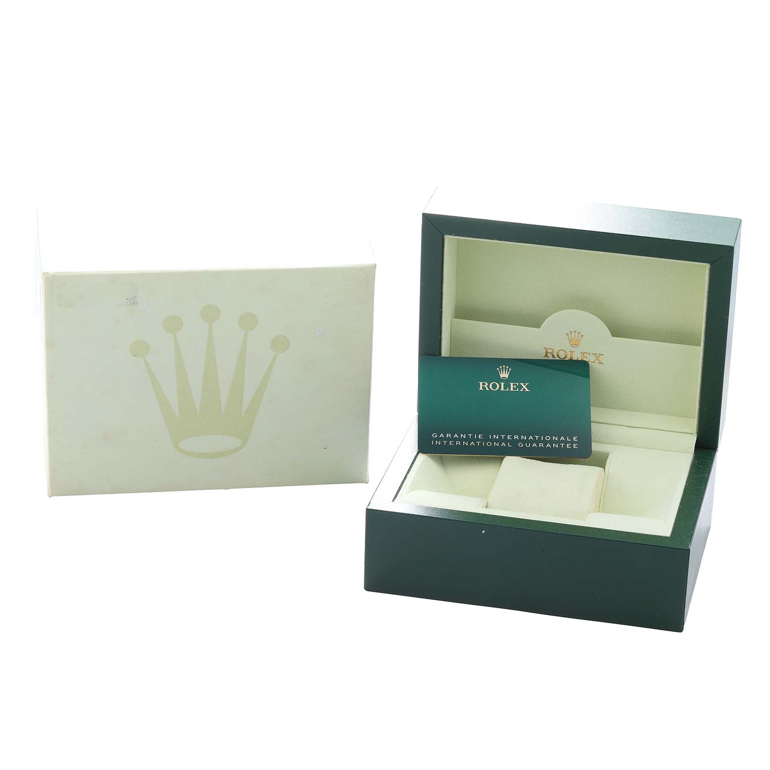 The image shows the packaging, including the box and guarantee card, for a Rolex Oyster Perpetual 115200 Men
s Stainless Steel Pink Dial watch.