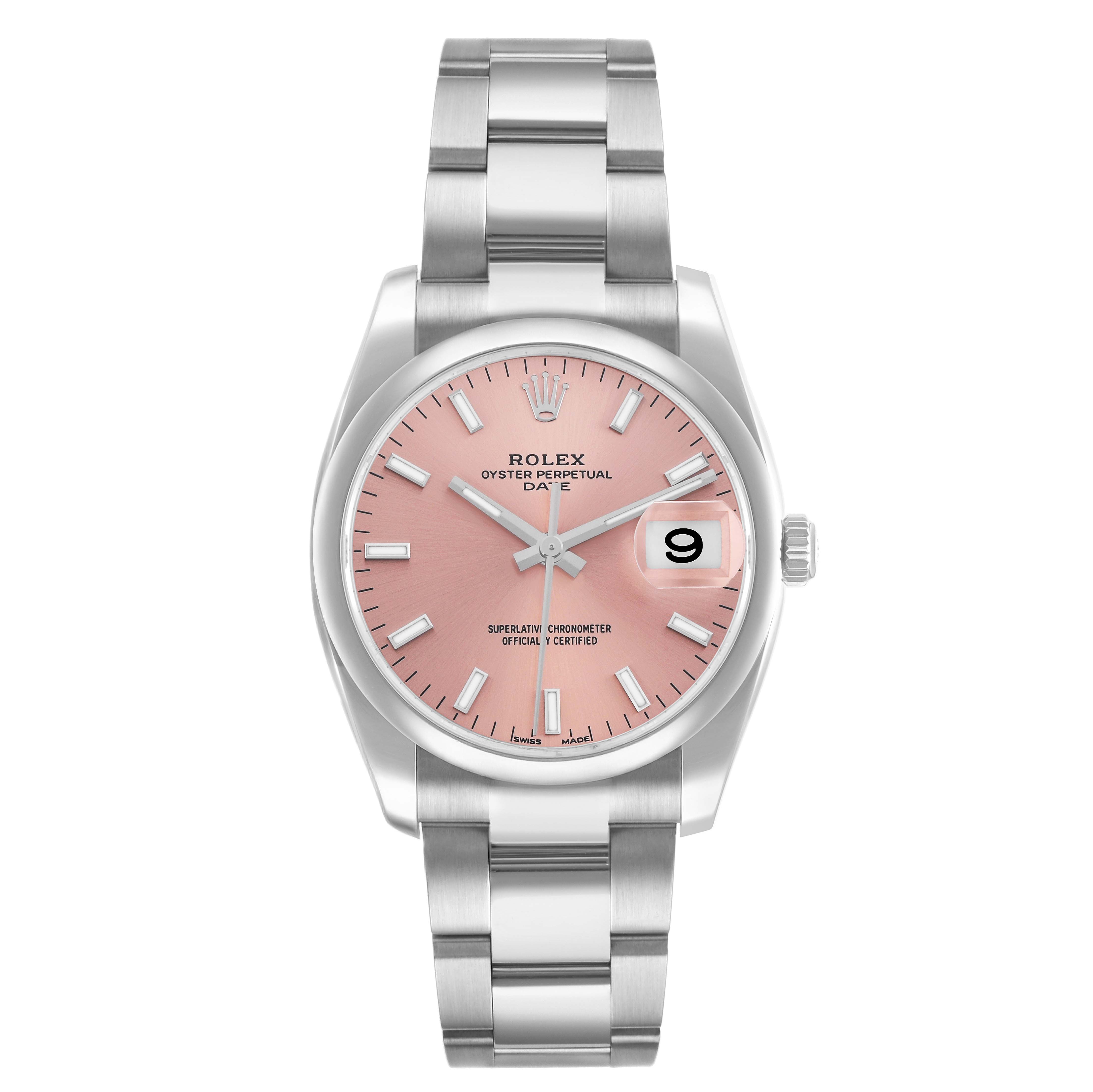 The Rolex Oyster Perpetual 115200 Men
s Stainless Steel Pink Dial watch is shown from the front, displaying its dial, hour markers, hands, bezel, and bracelet.