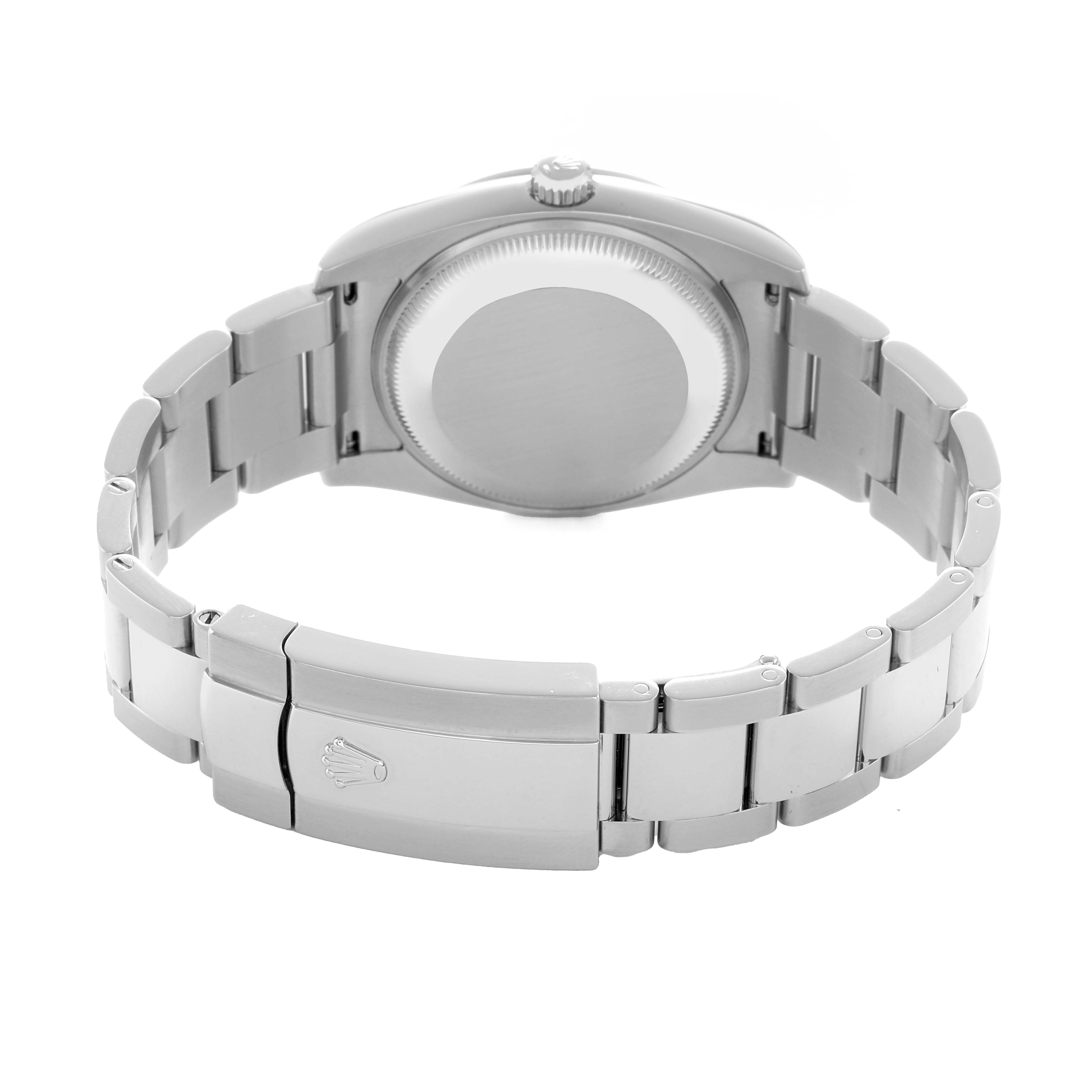 The Rolex Oyster Perpetual 115200 Men
s Stainless Steel Pink Dial watch is shown from the back, highlighting the case, bracelet, and clasp.