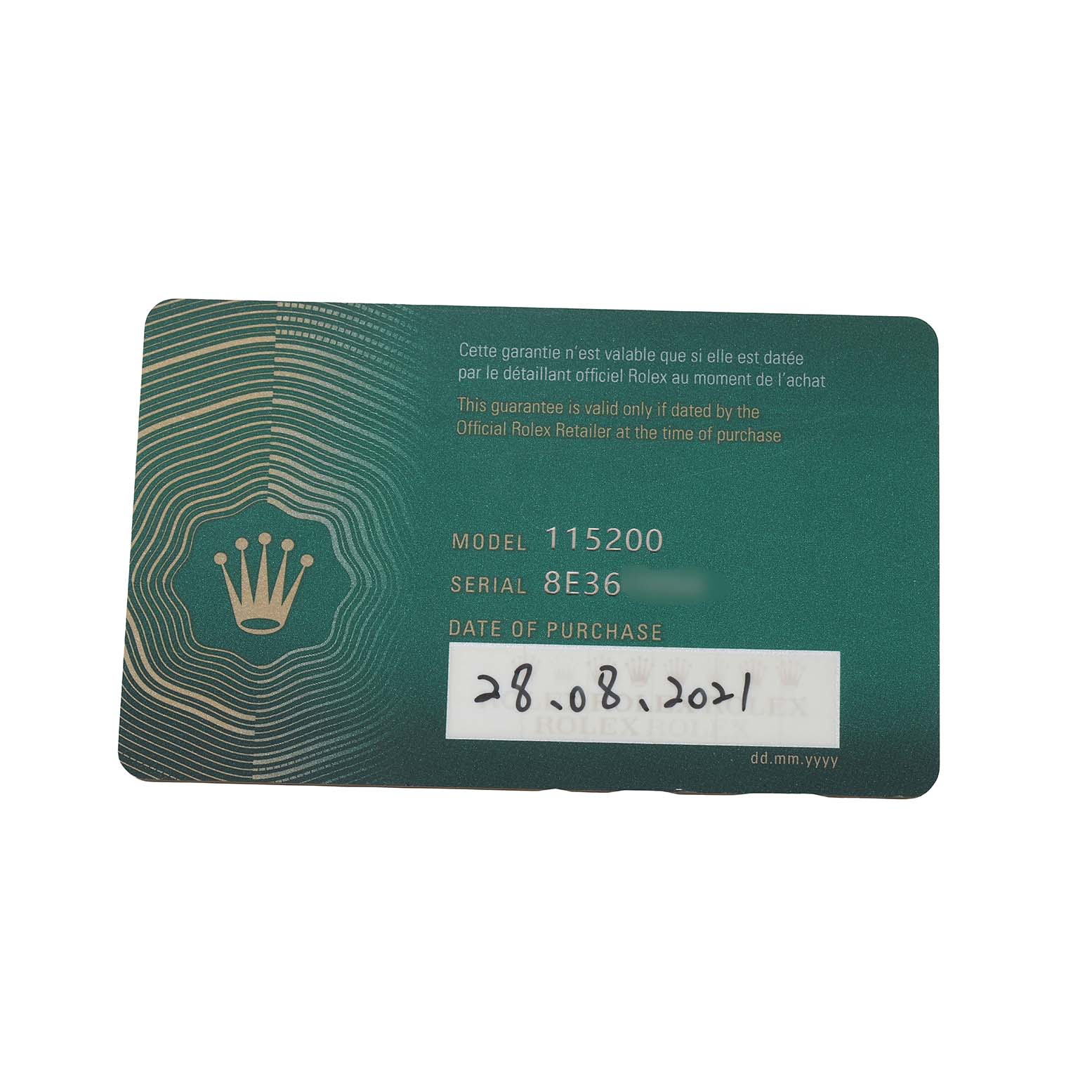 The image shows a Rolex Oyster Perpetual 115200 Men
s Stainless Steel Pink Dial warranty card with model and serial numbers.