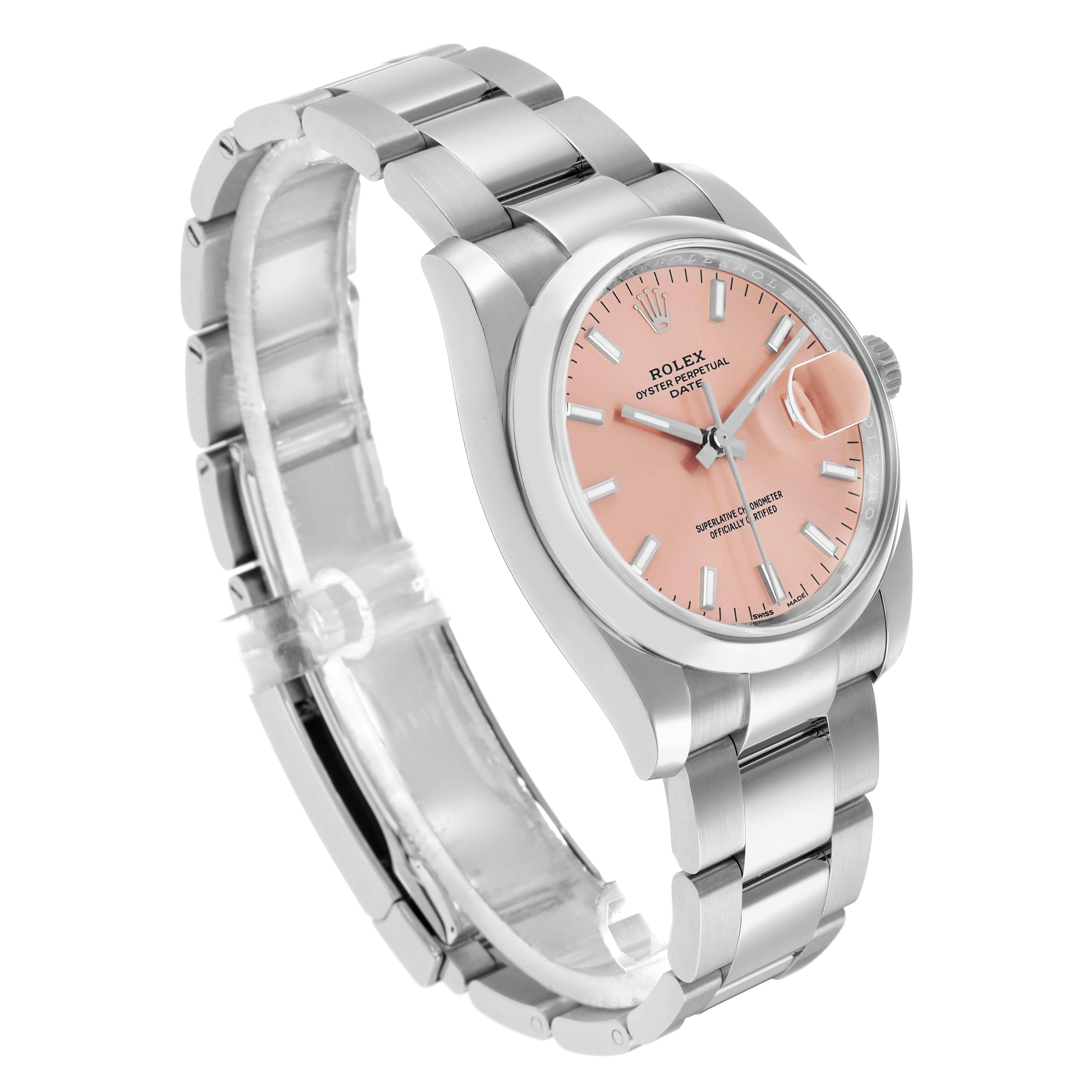 The Rolex Oyster Perpetual 115200 Men
s Stainless Steel Pink Dial watch is shown at a three-quarter angle, displaying the bracelet, case, and pink dial.