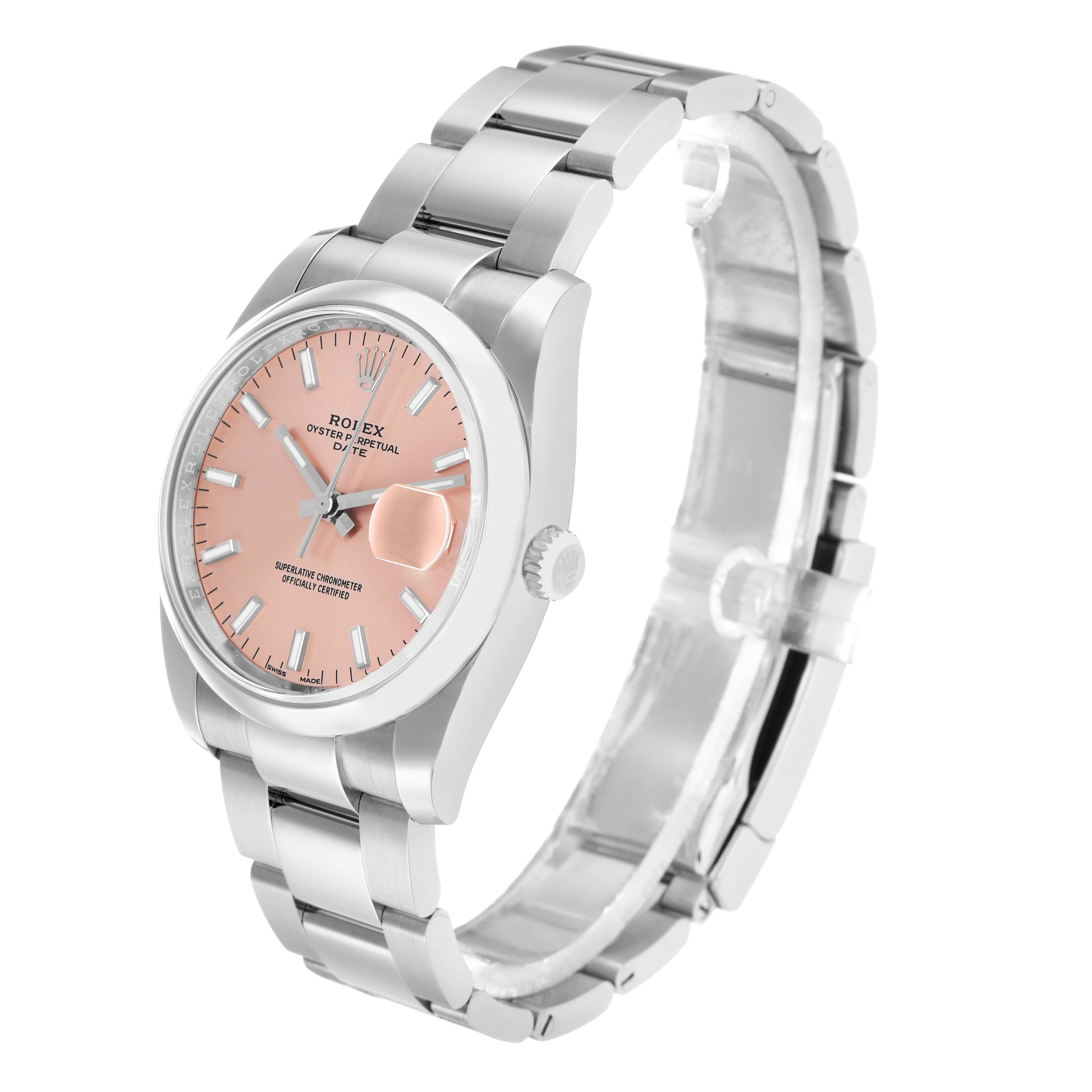 The Rolex Oyster Perpetual 115200 Men
s Stainless Steel Pink Dial watch is shown at a three-quarter angle, displaying the dial, crown, case, and bracelet.